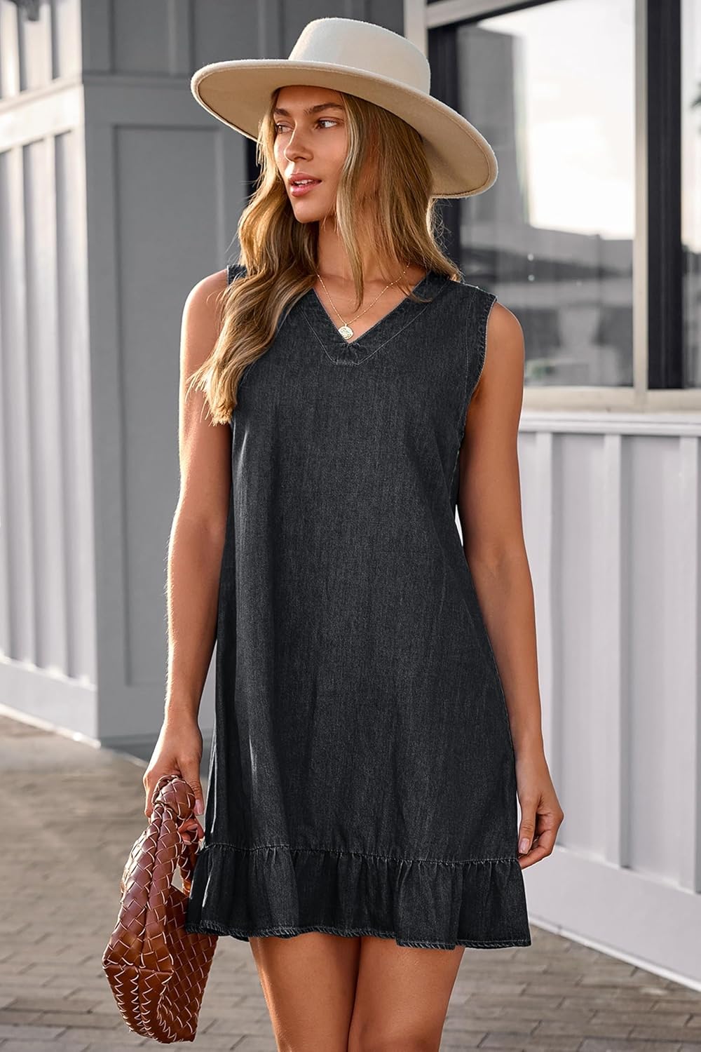 Dokotoo Denim Dress for Women Spring Summer Sleeveless V Neck Ruffle Hem Lightweight Casual A-Line Mini Jean Dresses - Image 5