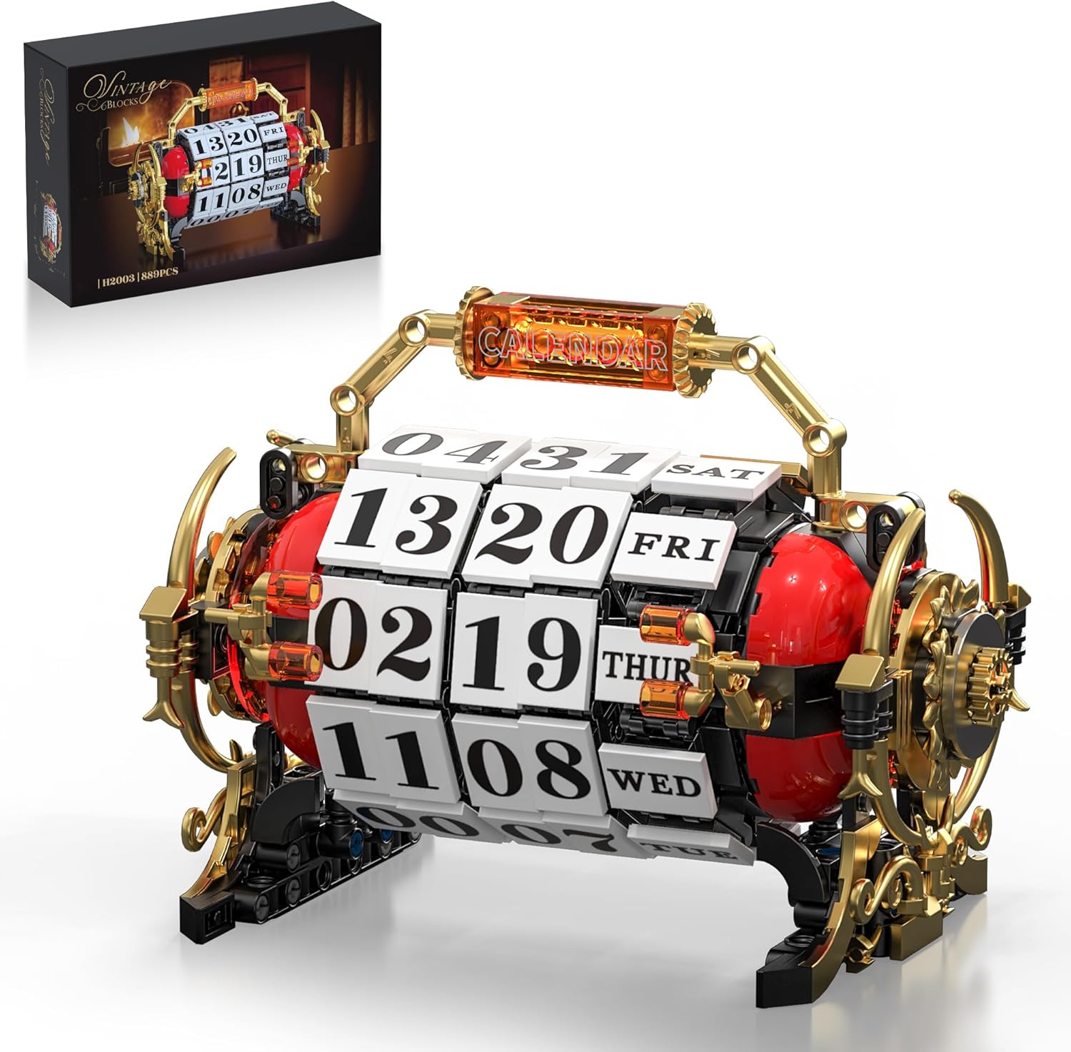 chanbrick Retro Calendar Building Set for Adults, Vintage Steampunk 80s Collectible Kit Adjustable Date Wheel Roman Font Home Office Decor for Teens 14+ - 889PCS