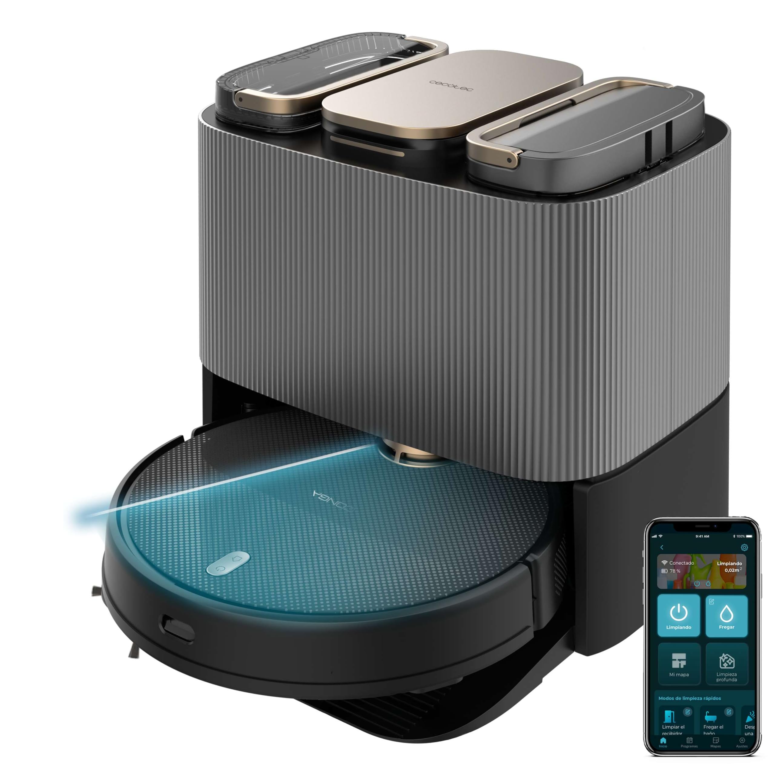 Cecotec Robot aspirapolvere auto-svuotamento e mocio rotante Conga 13090 Spin Revolution Home& Wash Essential. 7000Pa, Laser Tech, spazzola in silicone, spazzola laterale, APP, Bluetooth, WiFi 2,4