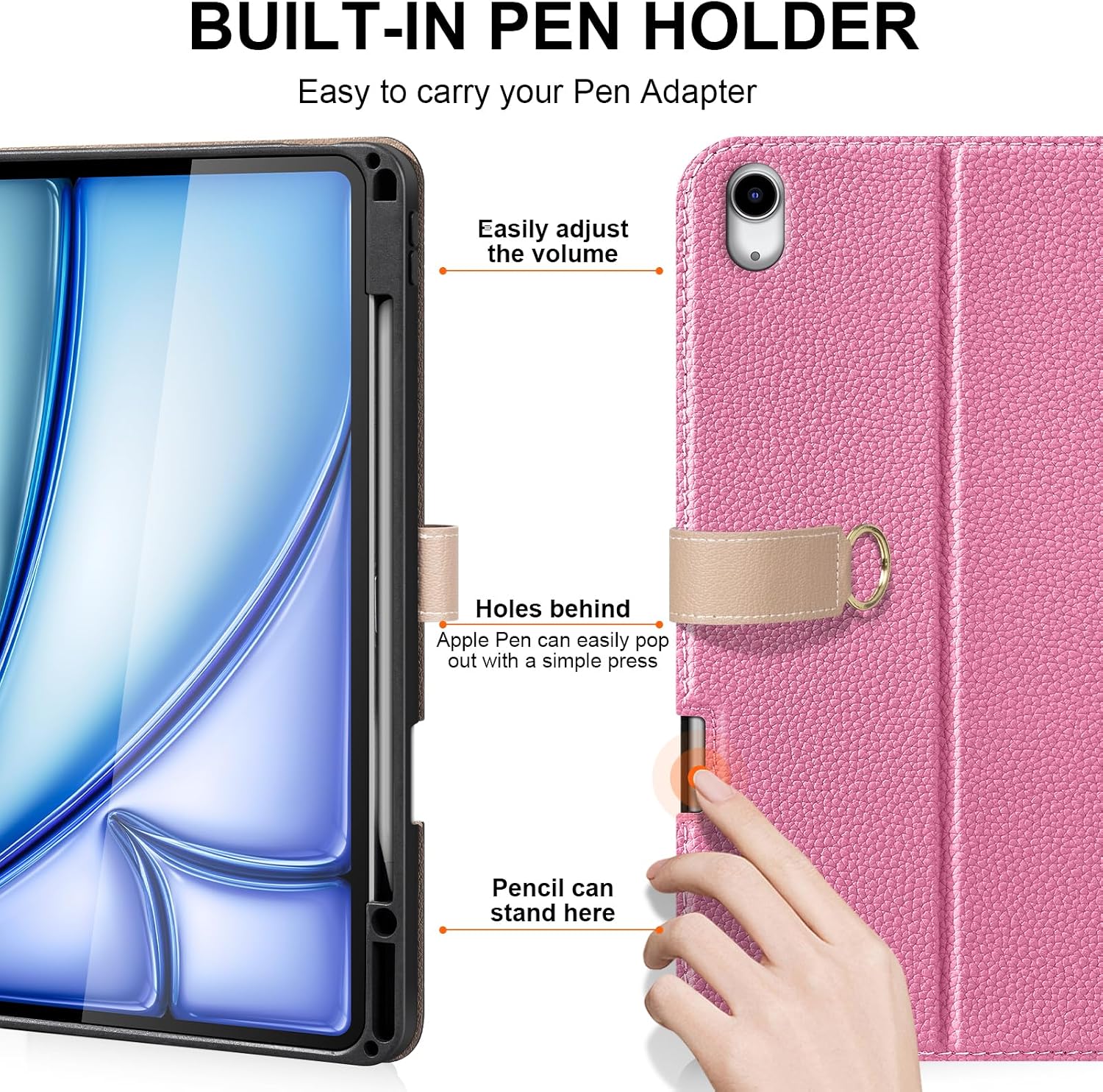 Premium Microfiber Leather Case for iPad Air 13" (2024/2025/2026 M2/M3/M4) | Pink & Grey Two-Tone with Zippered Pocket, Buckle Closure, Pencil Holder, Auto Wake/Sleep, Multi-Angle Stand