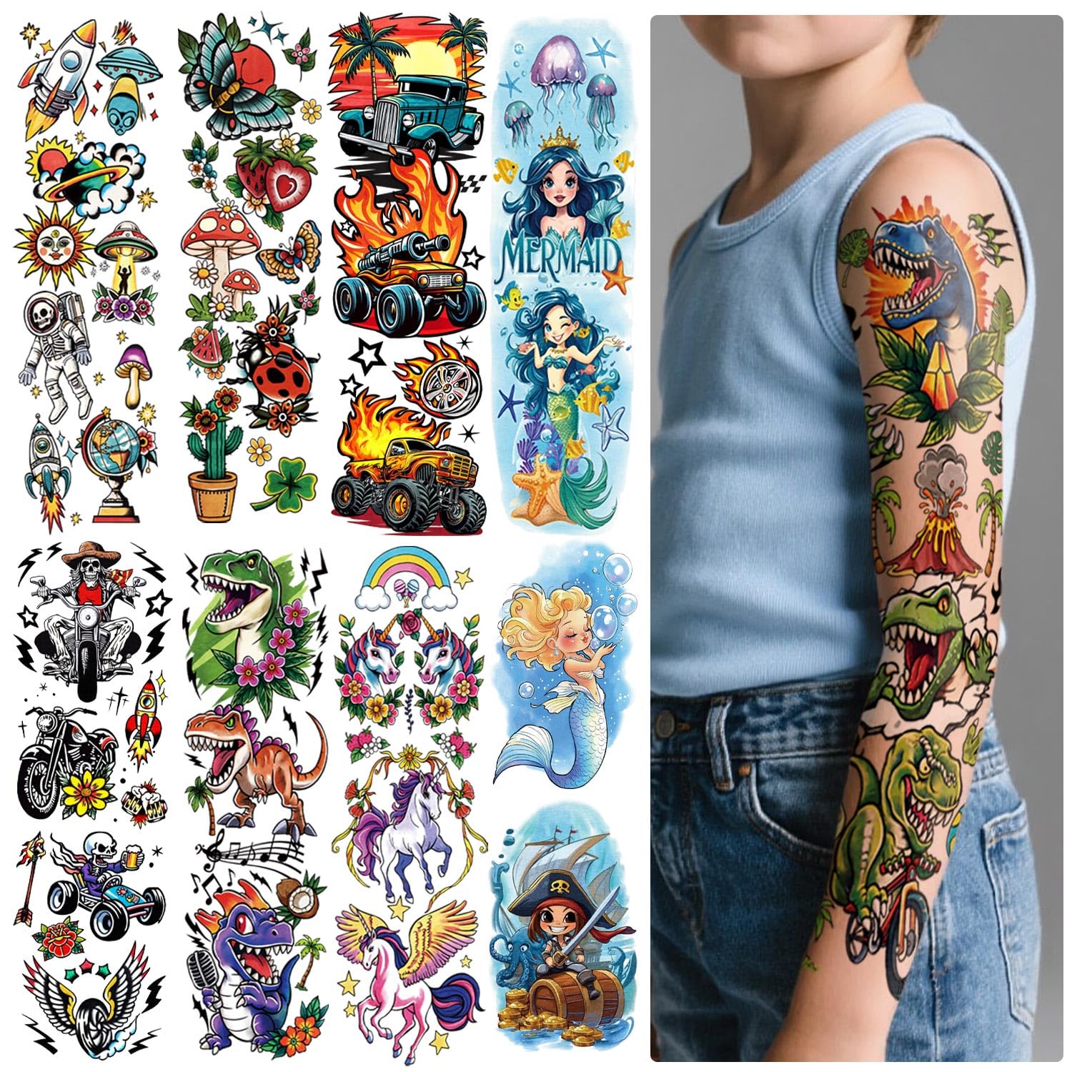 52 Sheets Kids Temporary Tattoos, Full Arm Sleeve Dinosaurs Monster Car Space Fake Tattoos for Boys, Mermaid Unicorn Butterflies Face Body Stickers