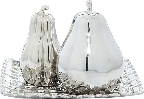 Miniatura 10 de Deco 79 Escultura decorativa de frutas de cerámica con plato juego de 4 12 pulgadas de ancho 1 pulgada de alto plata