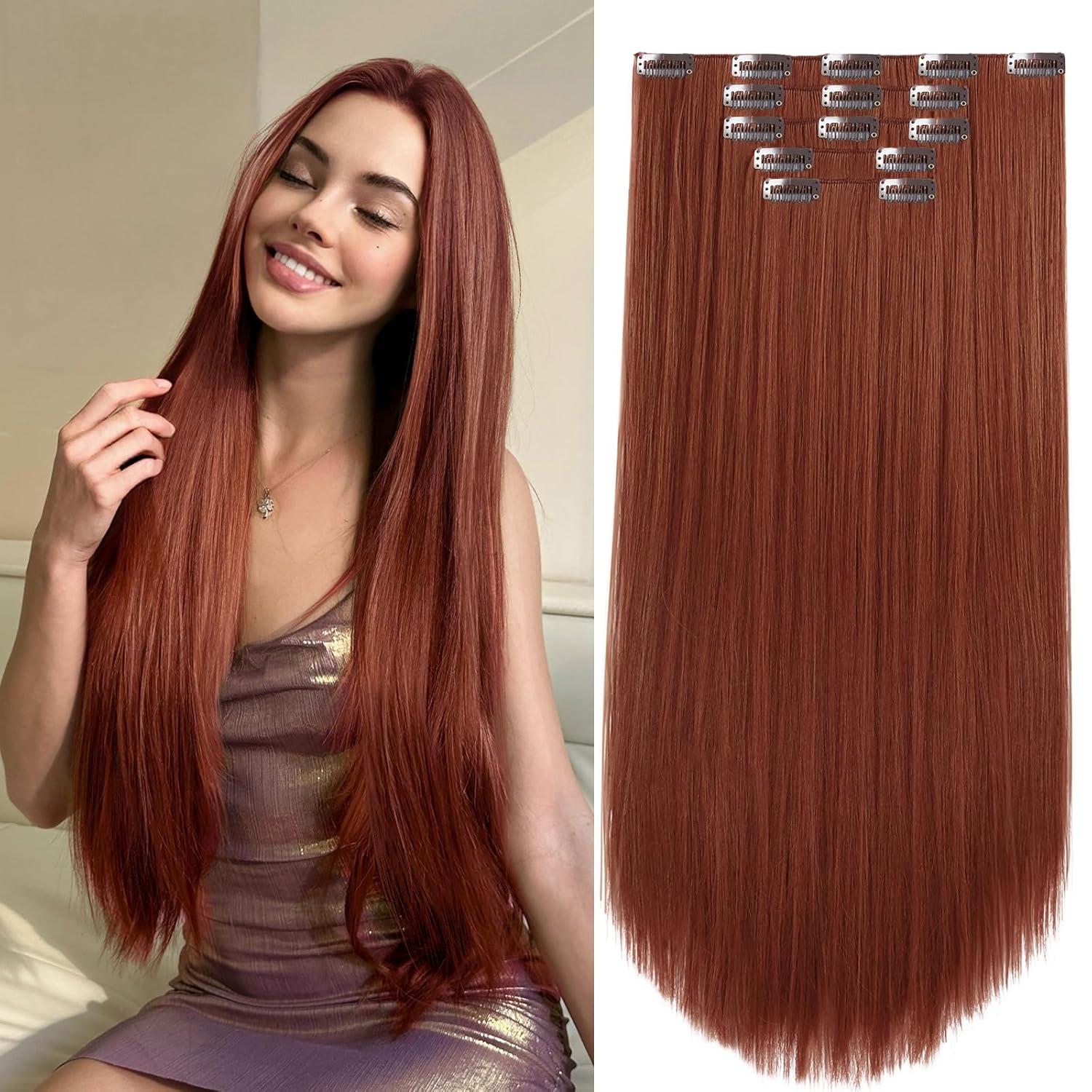 Hair Extension Clips Straight Invisible 26 Inch Long Thick Synthetic Clip in Extensions 5PCS Soft and Beautiful Copper Red Hairpieces Heat Resistant for Women Weddings Party Daily Use 8.1 Oz