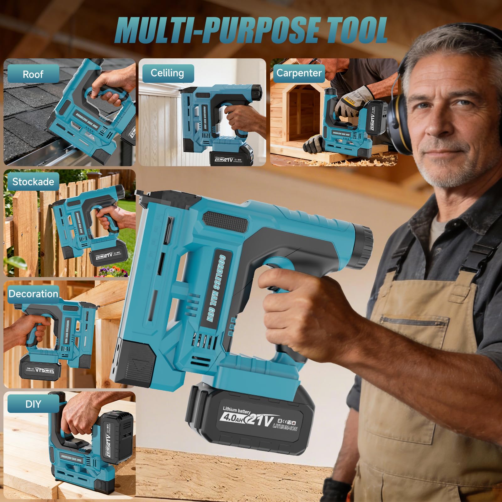 balyram Clavadora Electrica de Clavos Compatible con Makita 18V, Grapadora Clavadora 2 en 1 18GA con batería 4.0Ah, Profundidad Ajustable, 1000 clavos y 1000 grapas incluidas para mejoras del hogar
