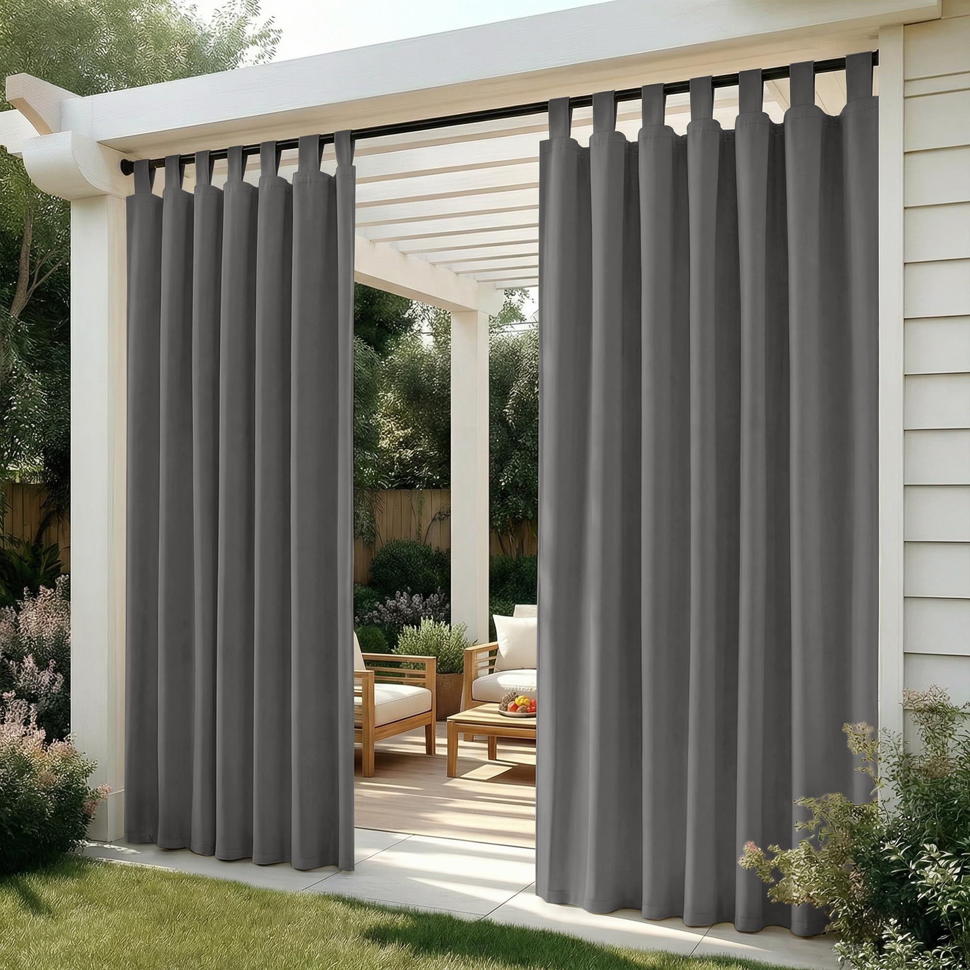 Deconovo Outdoor Vorhang Wetterfest Schlaufen Blickdicht Sonnenschutz Terrasse Balkon Thermovorhang, 270x132 cm (Höhe x Breite), Hellgrau, 2er Set