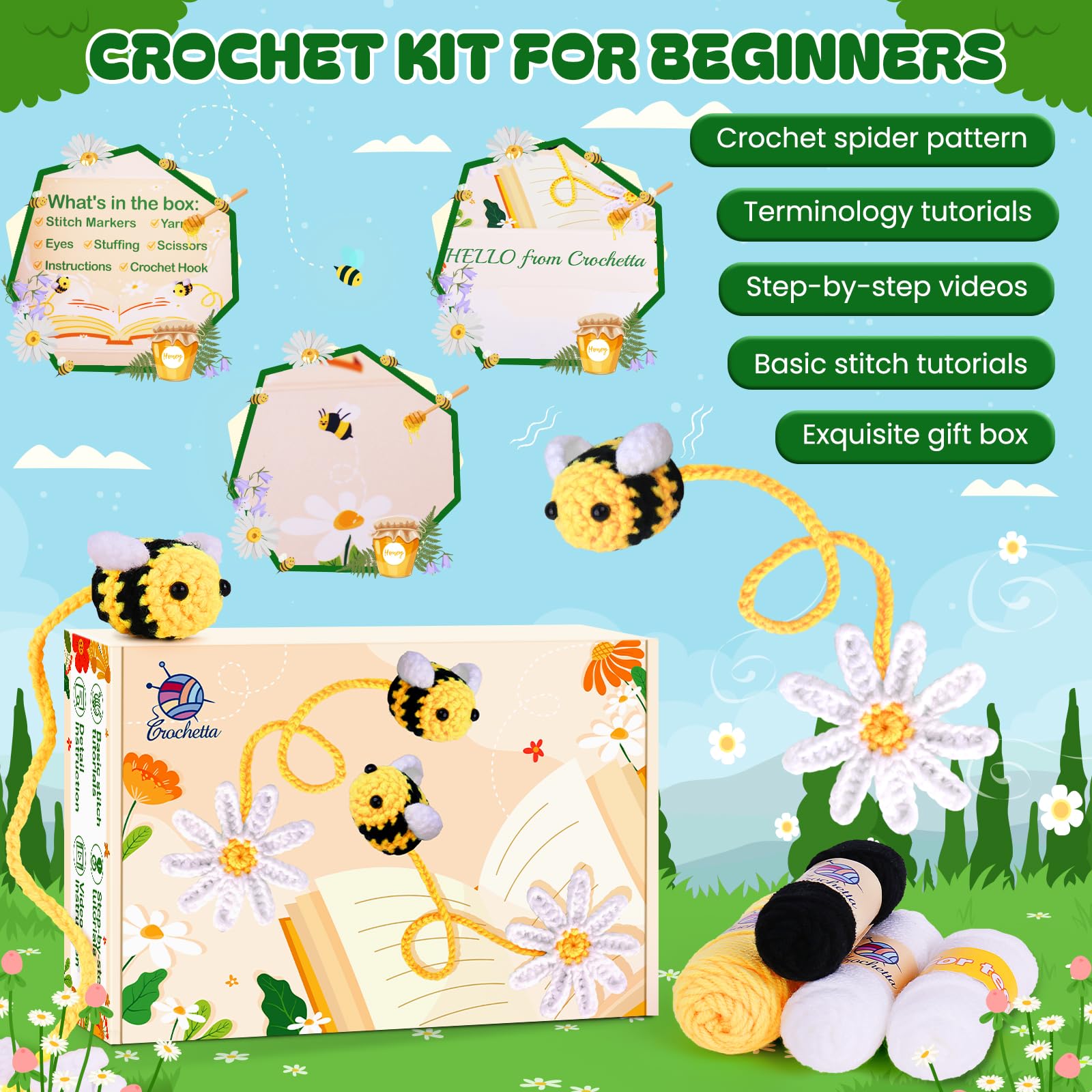 Crochetta Kit de ganchillo para principiantes, kit de inicio de ganchillo con tutoriales en video paso a paso, kit de ganchillo para principiantes para adultos, niños, mujeres y hombres, kit completo