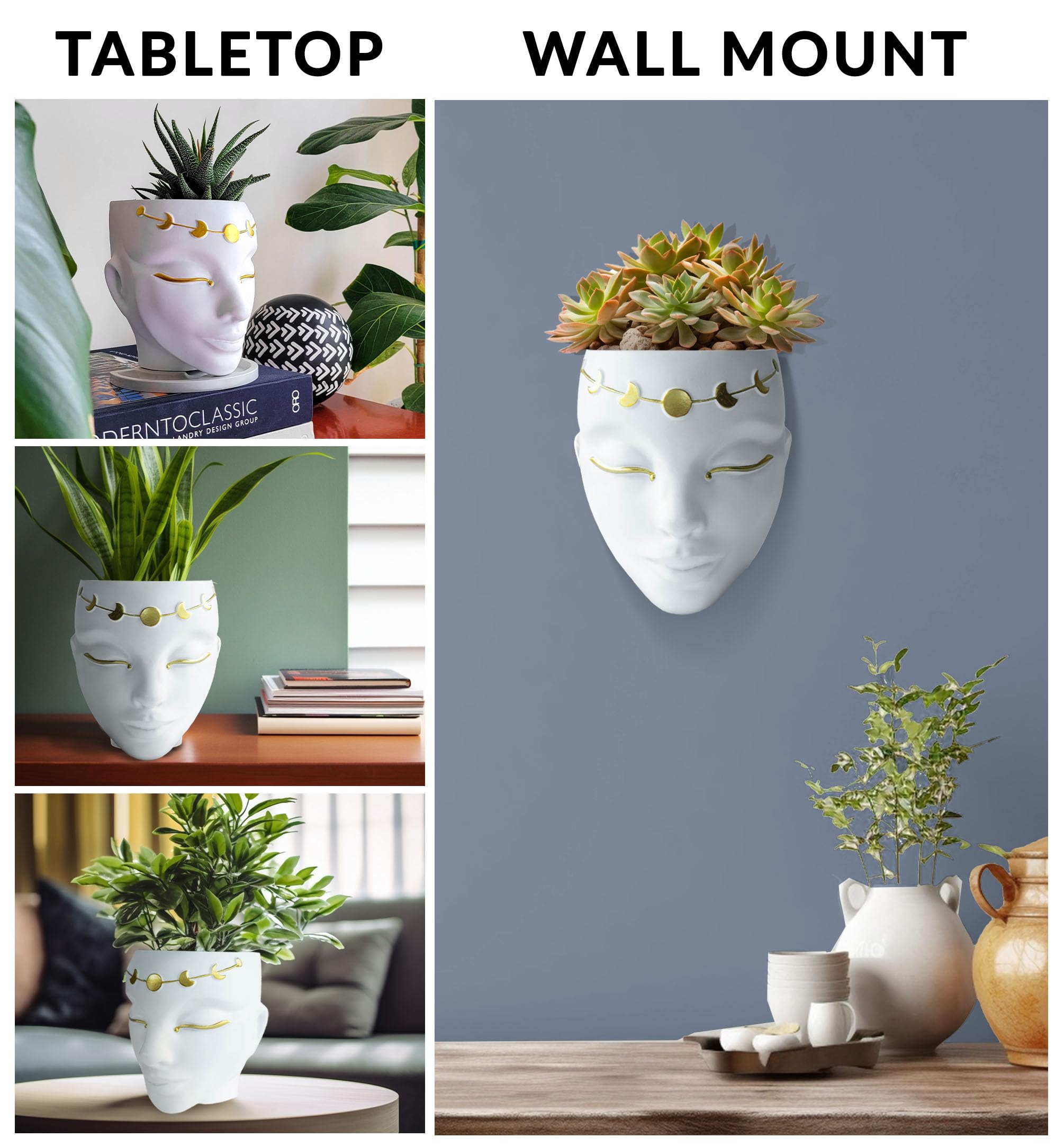 Bossa Linda Head Planter - Indoor & Outdoor Home Decor Gifts for Plant Lovers - for Flat Surface or Wall Mount - Unique Face Planter for Flowers, Succulents, & More (7 inch, Luna Design, White)