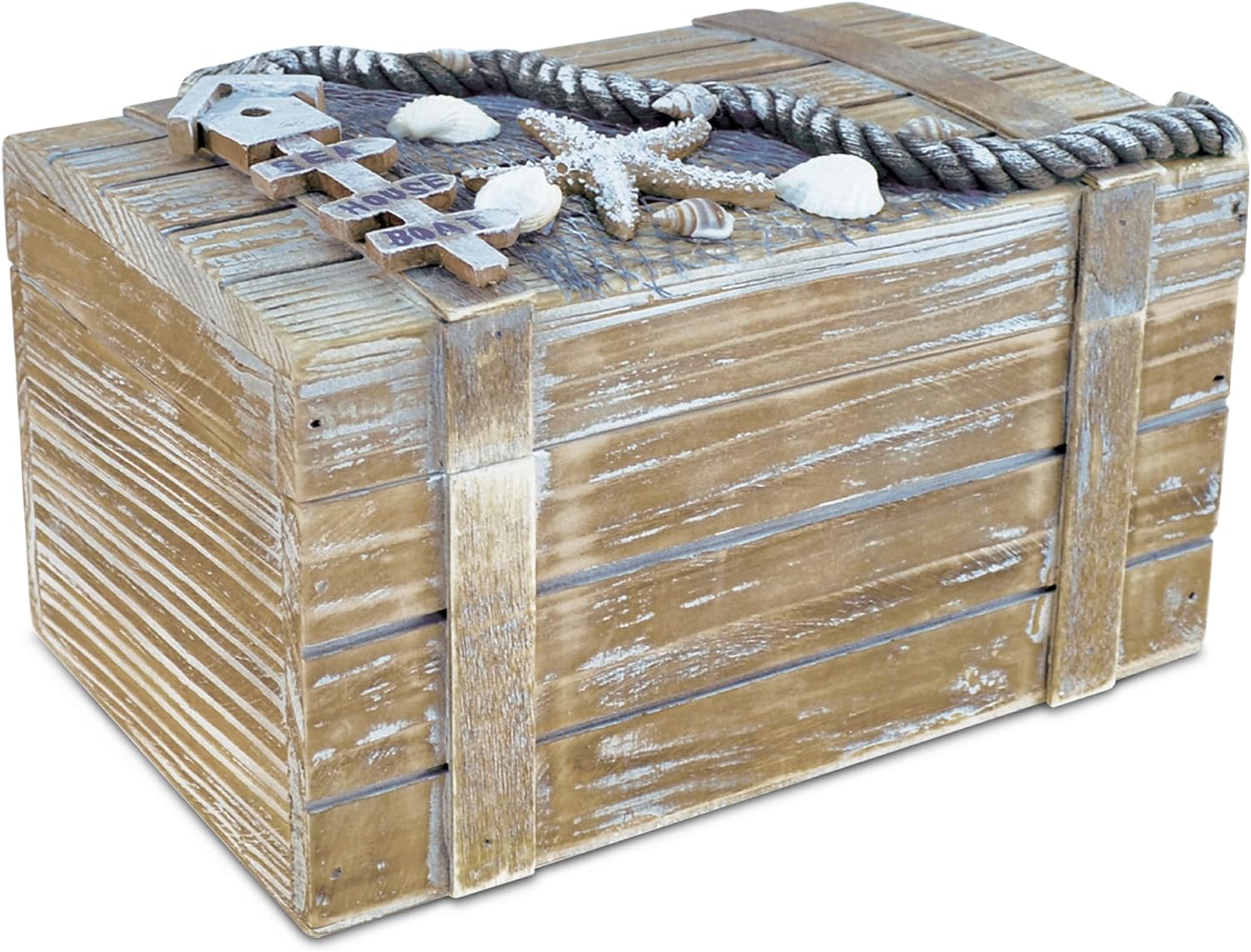 Puzzled CoTa Global Baja Beach Large Wooden Jewelry Box - Handcrafted Nautical Trinket with Seashell and Starfish Decorations, Accent Tabletop Home Decor, Jewelry Storage - 9 Inches