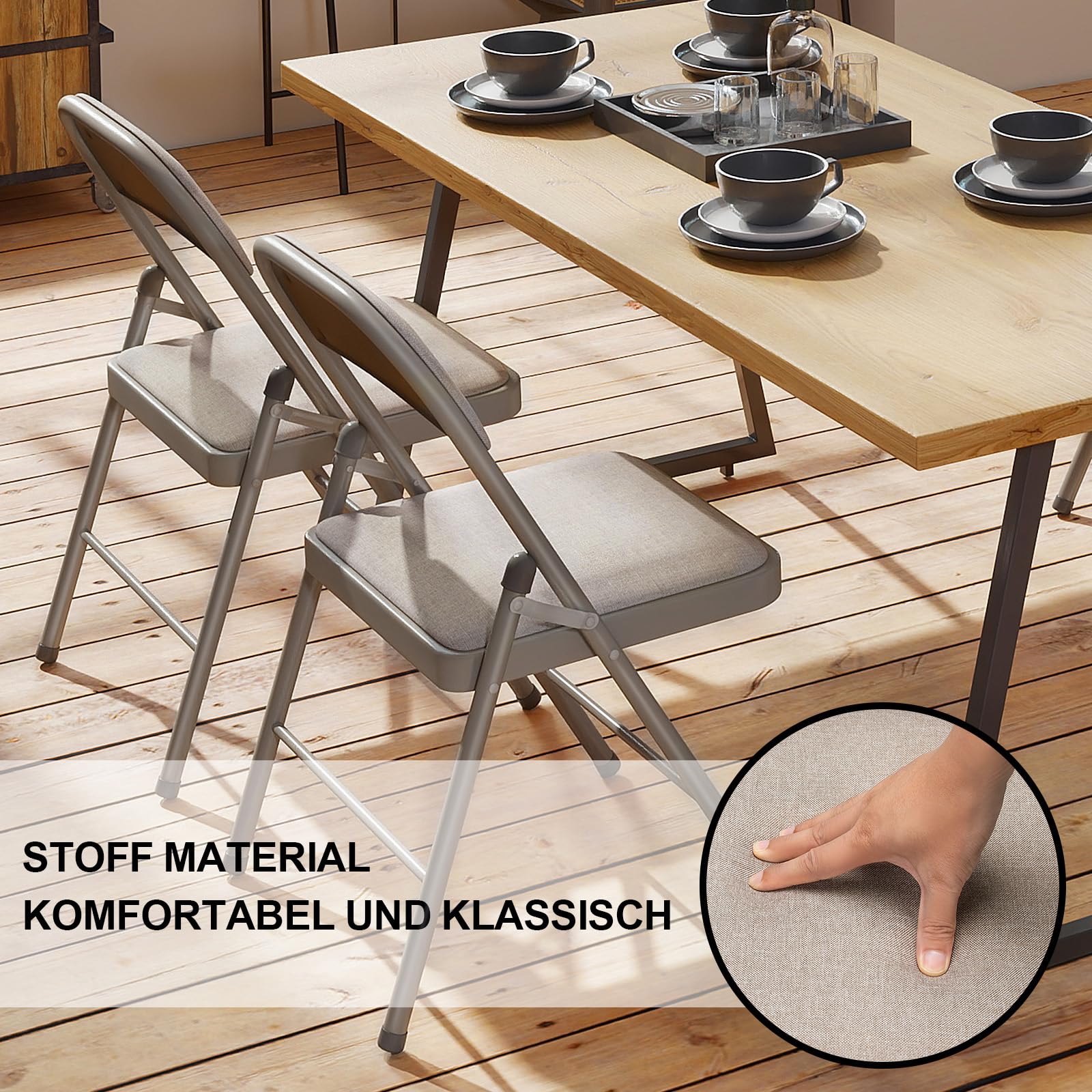 Set di 4 sedie da giardino impilabili, sedie pieghevoli da esterni e interno, sedie pieghevoli per giardini, campeggio, balconi, cucina, in metallo, portata fino a 150 kg, con tessuto cuscino, cachi