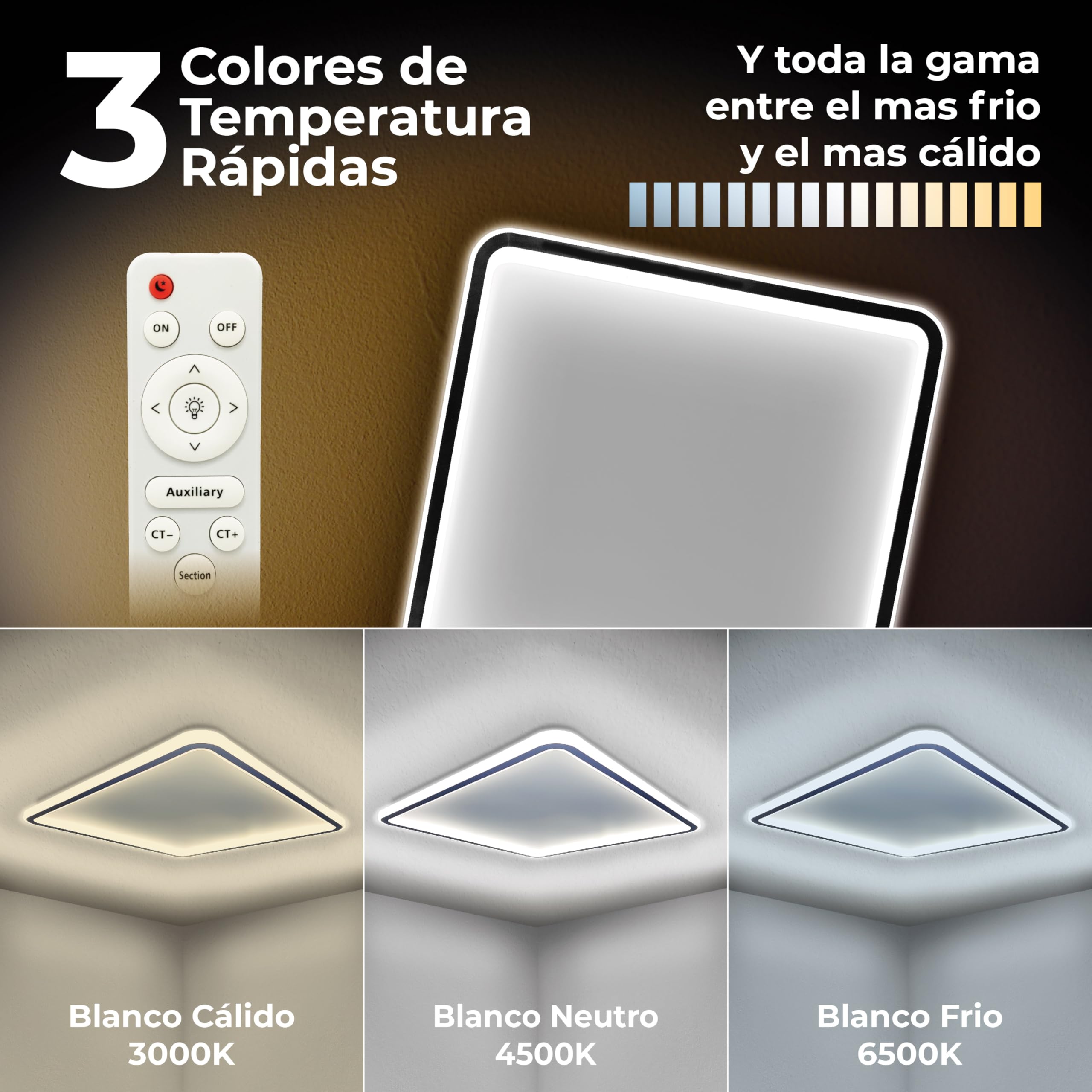 LED ATOMANT 2x Plafon LED Negro Marco Luz Indirecta 50x50cm 36W CCT | Con Selector de color CCT, Mando a distancia