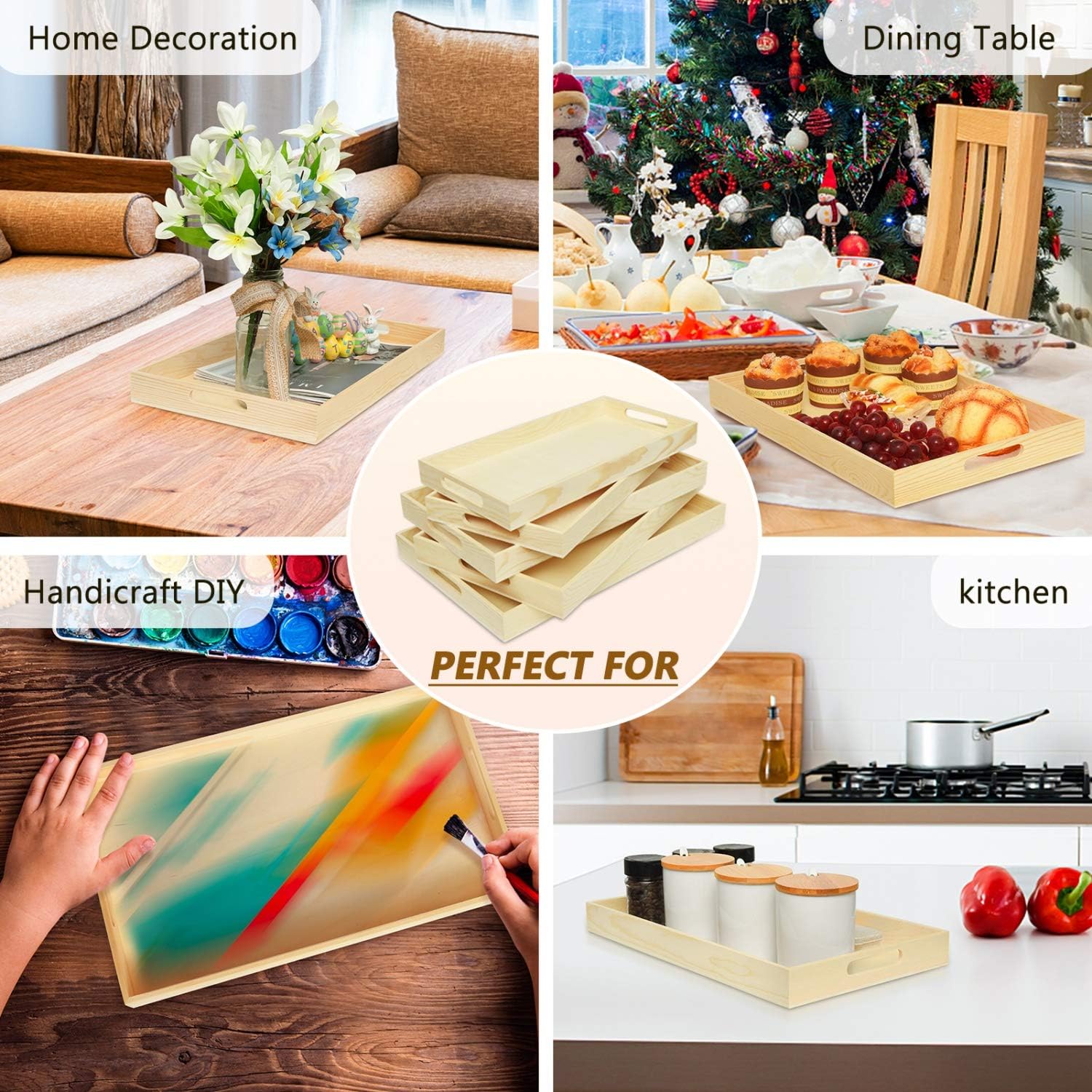 Vumdua Wooden Nested Serving Trays,5 PCS Rectangular Shape Wood Trays, Kitchen Nesting Trays for Serving Pastries, Snacks | Wooden Trays for Crafts/Art, Home Decor And Montessori Activity