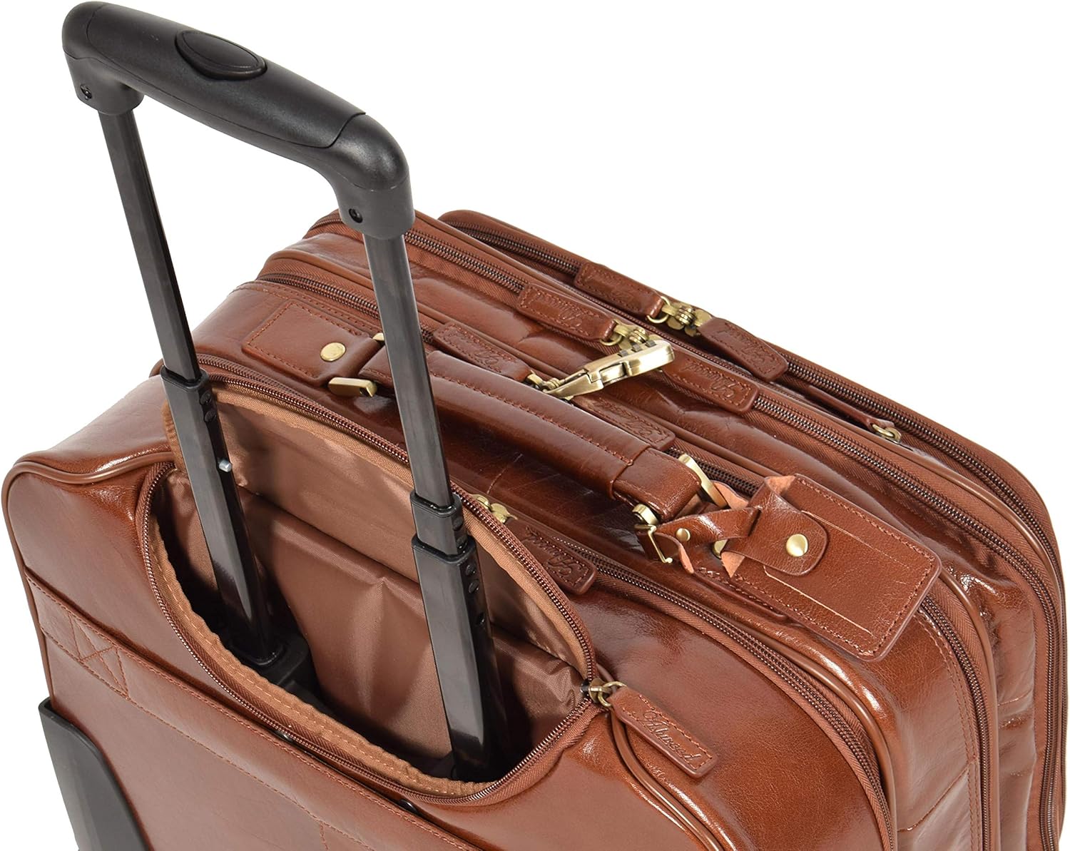 Chestnut Leather Pilot Travel Laptop Bag with Wheels by House of Leather