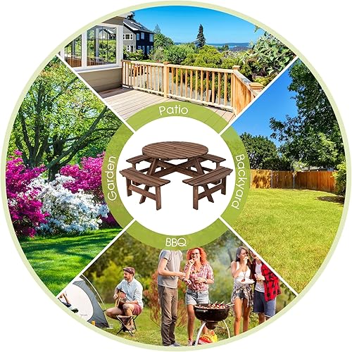 Miniatura 8 de Giantex Juego de mesa de picnic de madera con banco de madera, mesa redonda para 4 adultos u 8 niños, con diseño de sujeción para paraguas, perfecto