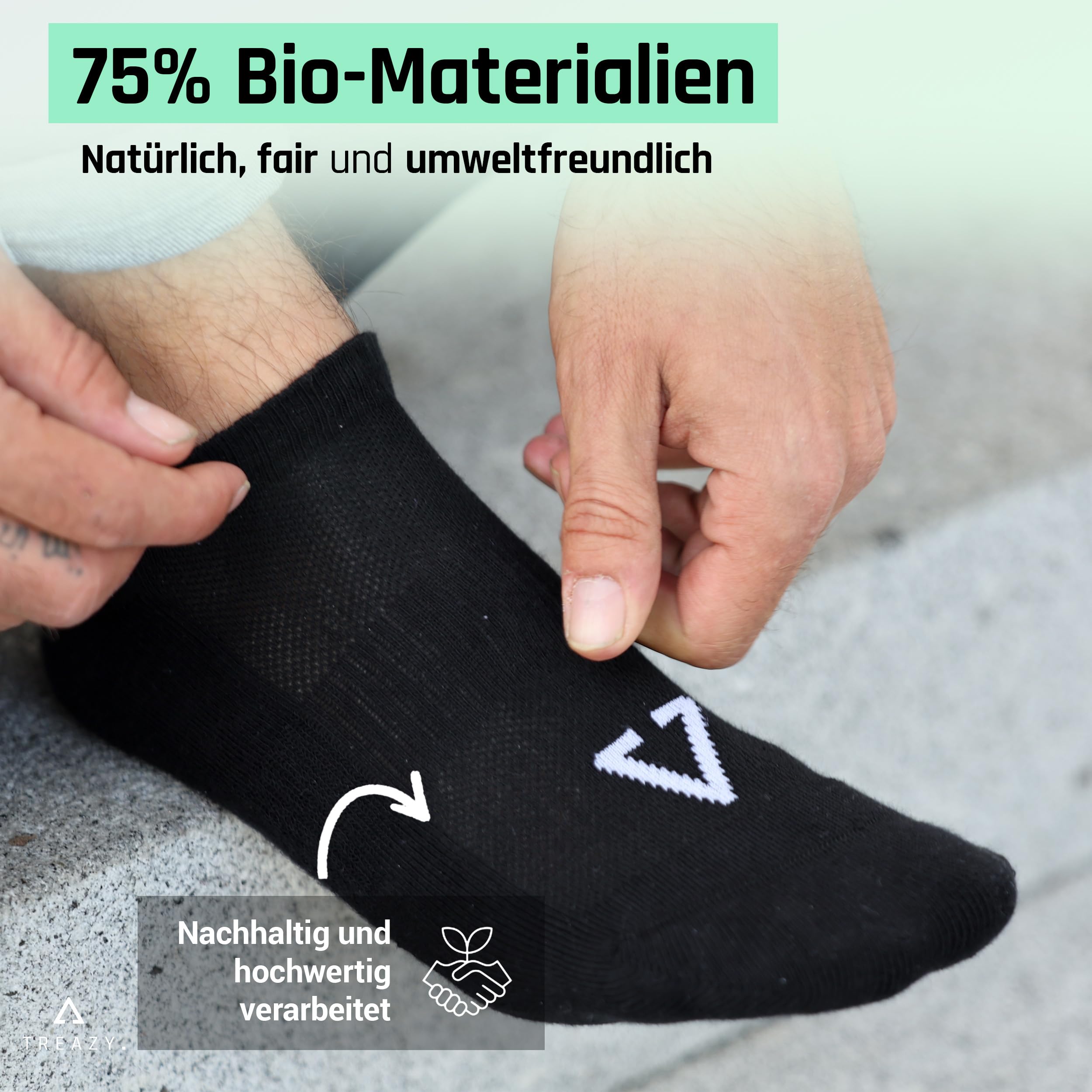 TREAZY Sneaker Socken aus Bio-Baumwolle – nachhaltig und fair produziert in Portugal – ohne Einschneiden, Anti-Loch-Socken, atmungsaktiv und langlebig im Alltag