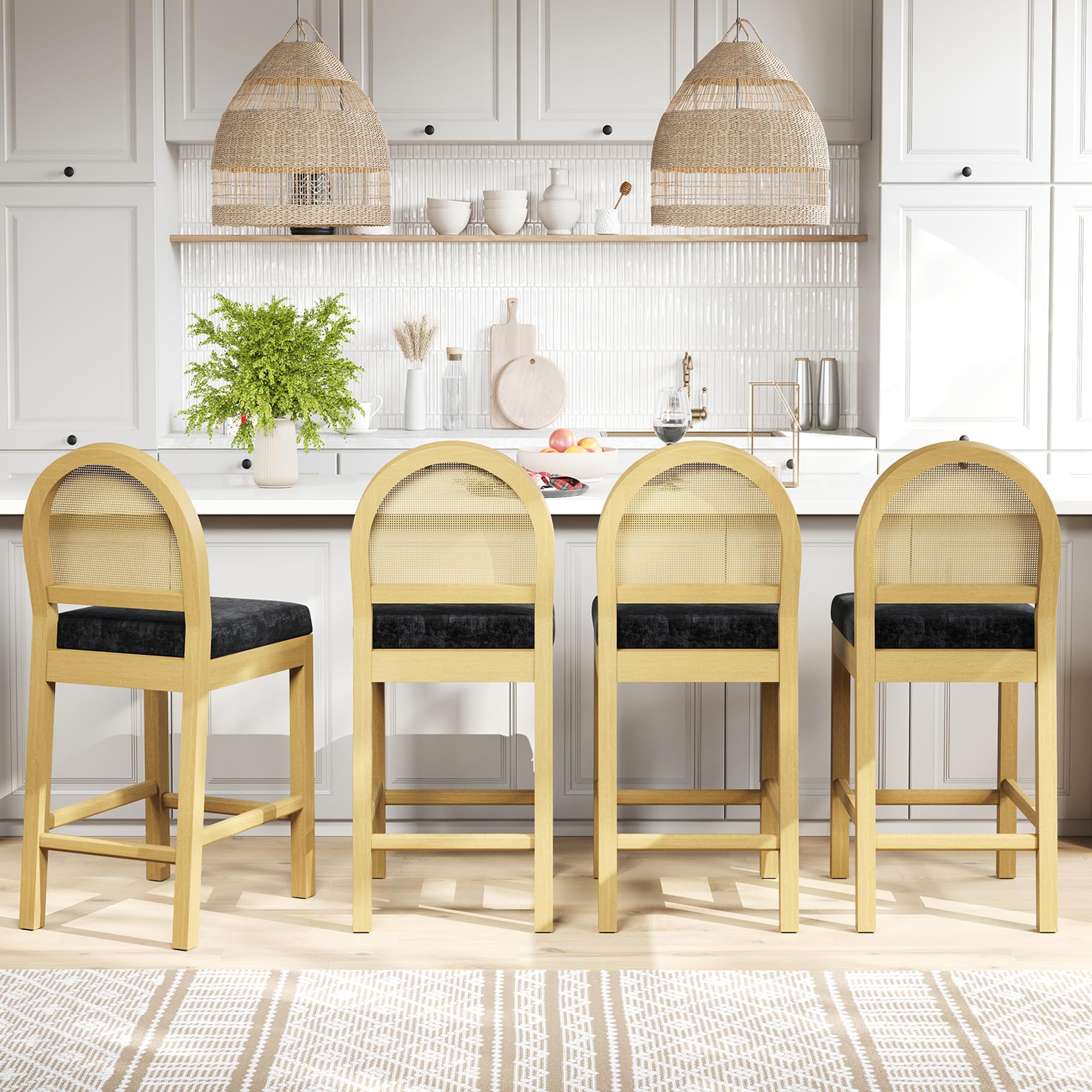 STHOUYN Upholstered Rattan Bar Stools Set of 4, Wooden Counter Height Stools with Natural Rattan Woven Back and Chenille Seat, Mid-Century Modern Island Chairs Barstools for Kitchen (4, Black)