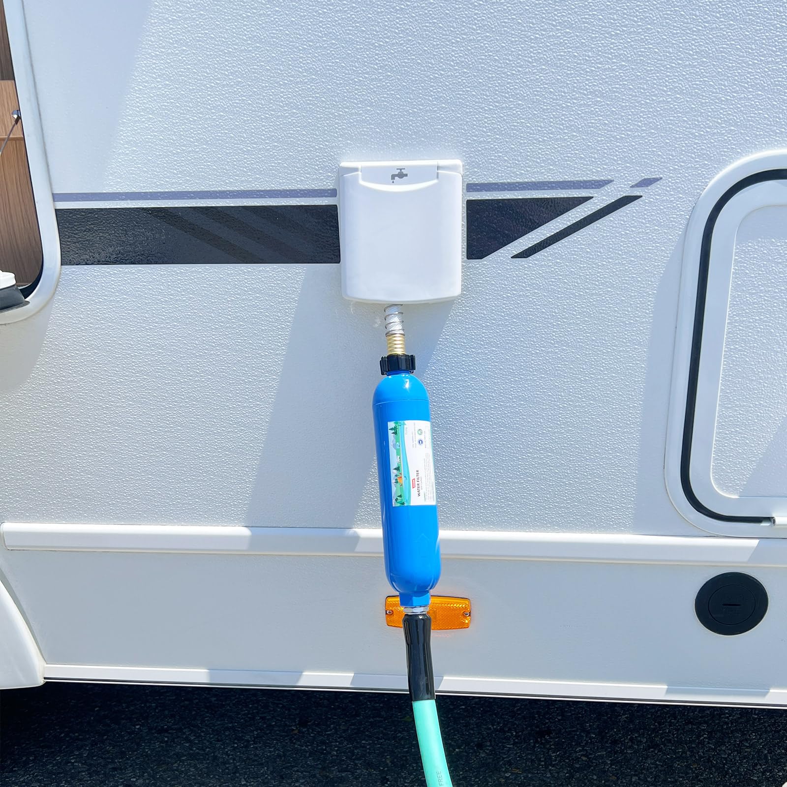 OULEME Filtro de agua para caravana, filtro de manguera de agua en línea para cámper, remolque de viaje, marino, jardín, piscina, certificado NSF, reduce el mal sabor, olores, cloro, paquete de 4