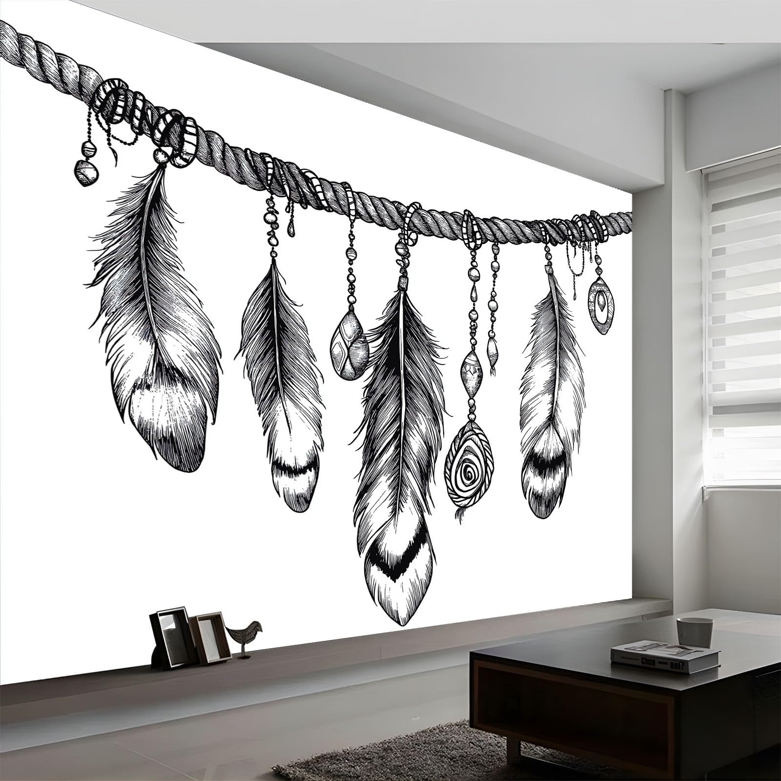 Wall Mural Bohemian Style Feathers Wallpaper, 3D Wall Mural Decoration Poster Hand Drawn Style Picture Design Photo Wallpaper for Living Room Bedroom Children's Room Office 400 x 280 cm