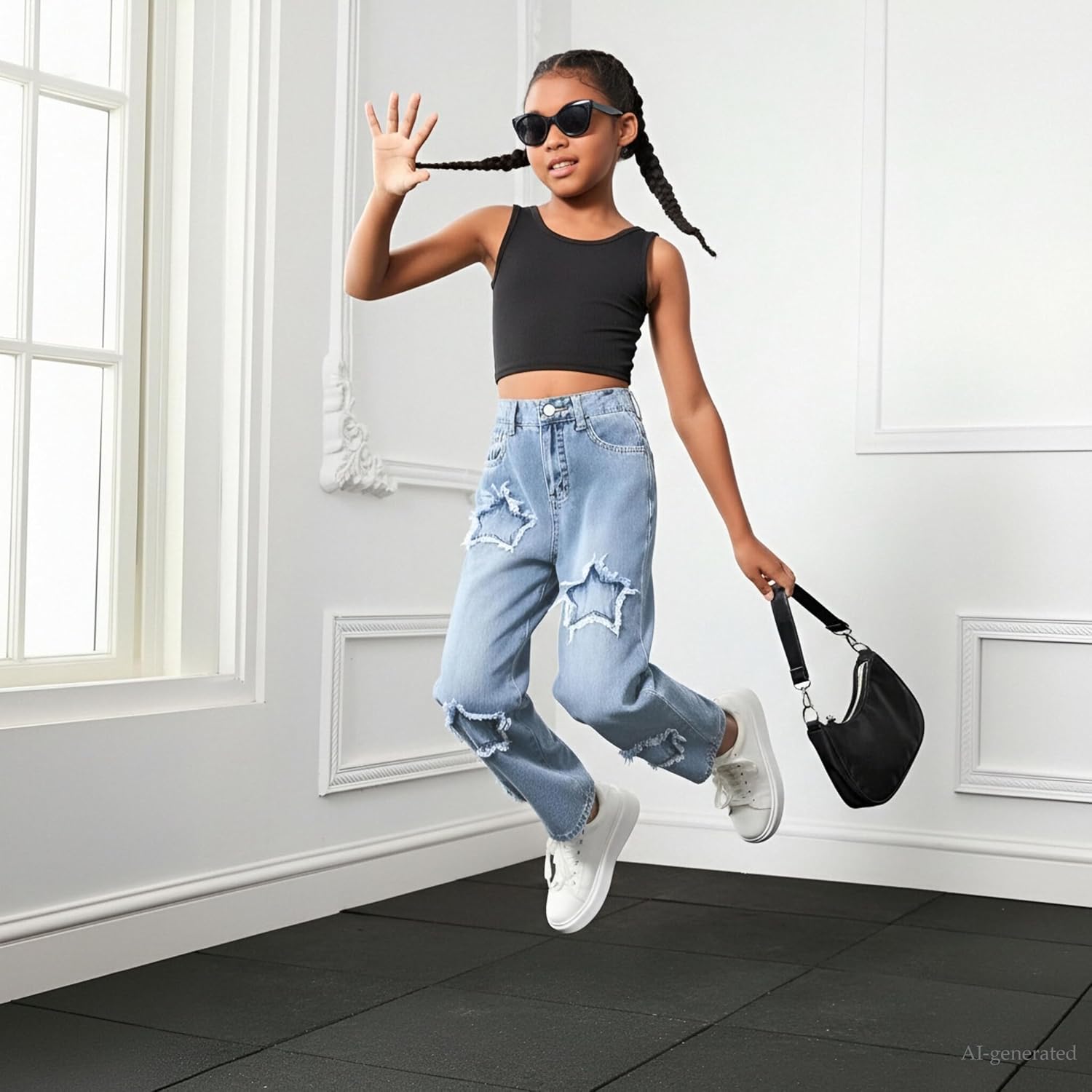 Girls Jeans Y2K Elastic Waist Wide Leg Baggy Loose Denim Pants Kids Trousers Streetwear Washed
