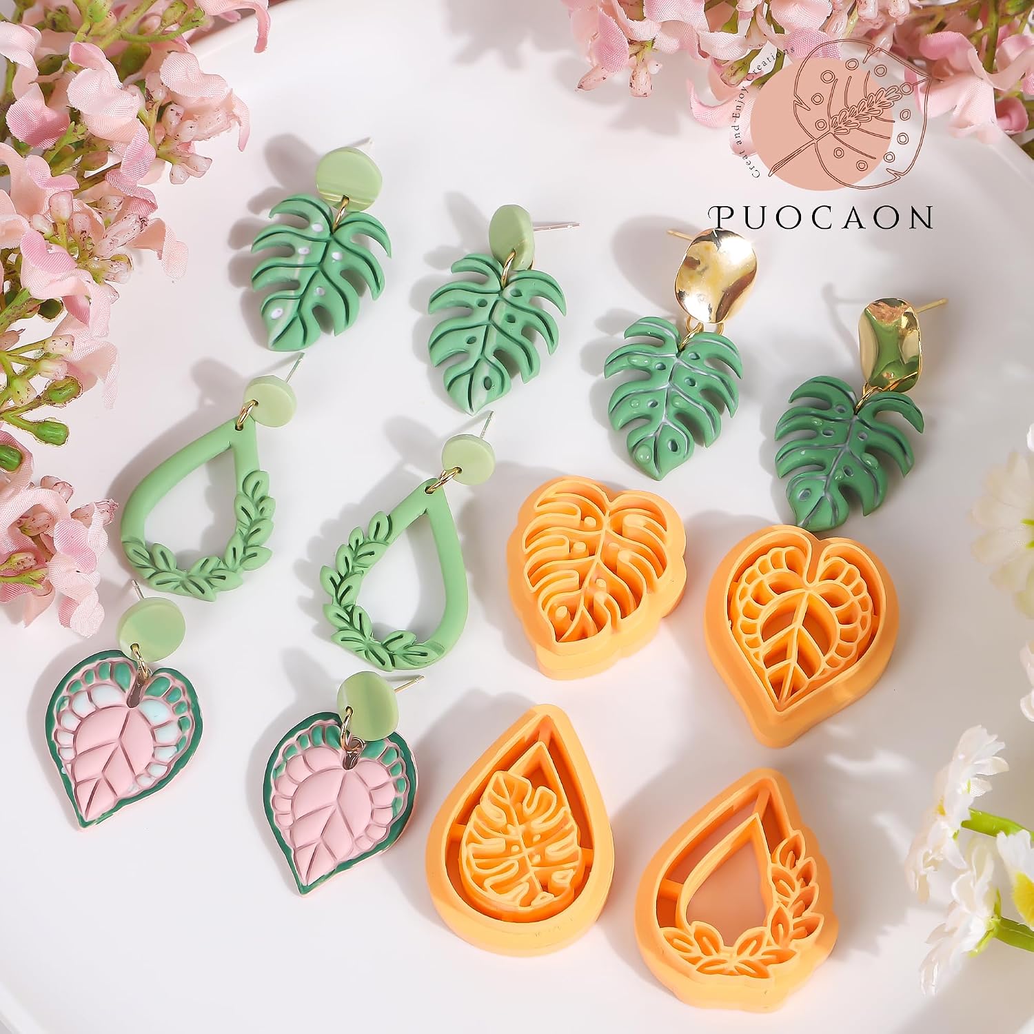 Puocaon Tropical Leaf Polymer Clay Cutters - 10 Pcs Monstera Leaves Clay Earrings Making Kit Botanical Plant Stud Cutters for Earrings Jewelry Making