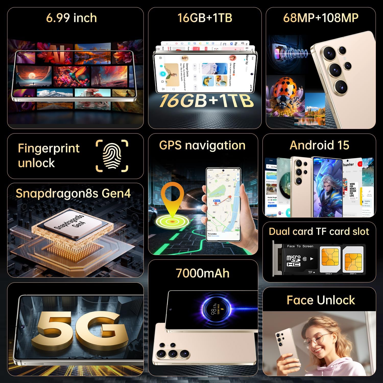 SZV 26 Ultra Unlocked Cell Phone,16+1TB 5G Unlocked Phone, Built in Pen Android 15 Battery 7000mAh 6.99" HD Screen Smartphone, Dual SIM/Face ID/Fingerprint Lock/GPS (Gold, 16+1TB)