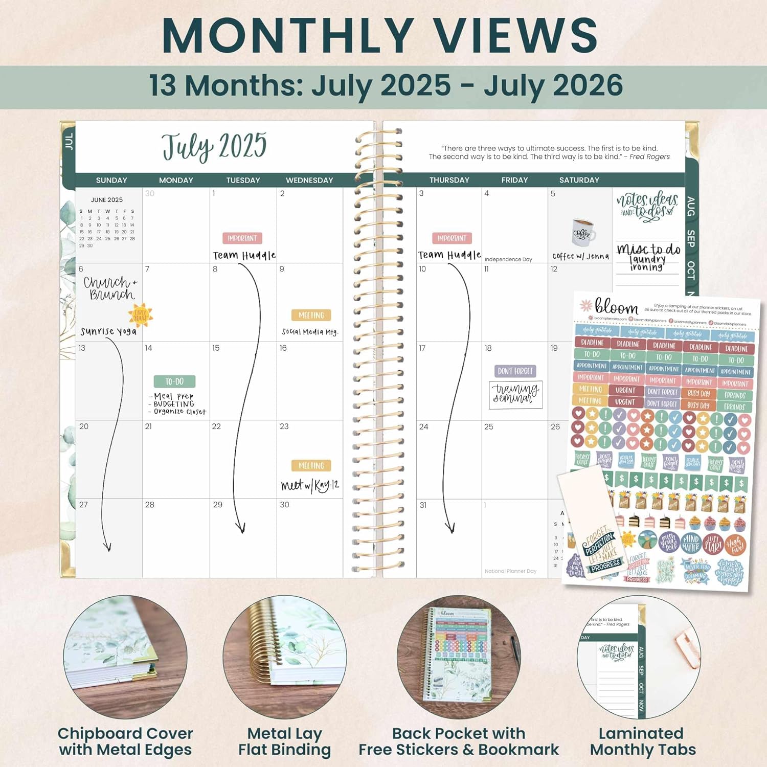 bloom daily planners HARDCOVER Planner 2025-2026 Academic Year (July 2025 - July 2026) - A5 Task Goal Organizer - Monthly & Weekly Inspirational Agenda Book - 5.5" x 8.25" - White Eucalyptus