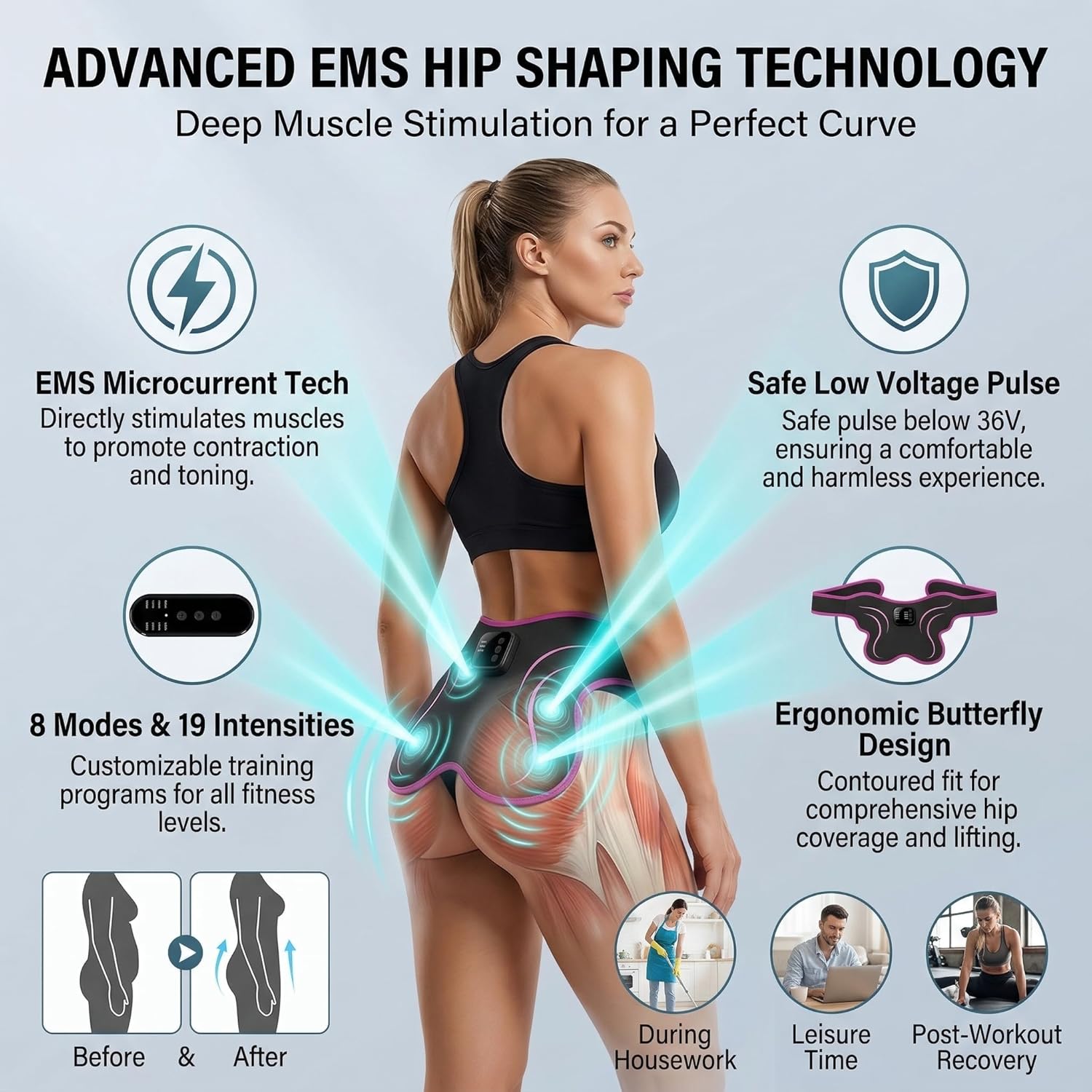 Booty Trainer for Women, EMS Muscle Stimulator for Butt Firming, Intelligent Wireless Fitness Apparatus, Model AST-301
