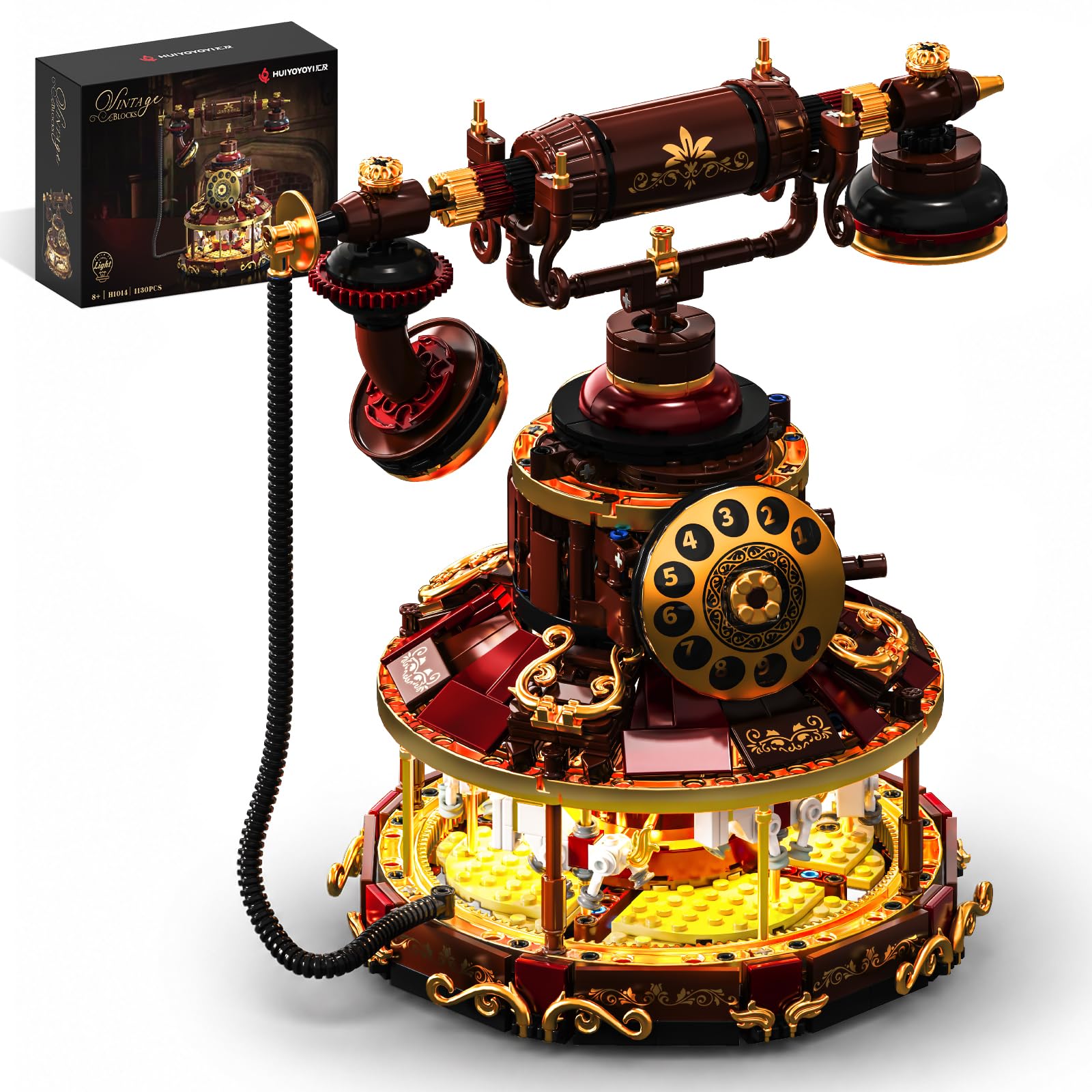 2 IN 1 Retro Telefon mit Licht, Modellbausatz Klemmbausteine für Erwachsene | 1130PCS Karussell-Baukasten, Vintage Deko, Vintage-Geschenk für Alle, Kreatives Wohnaccessoire, Sammler und Hobbyisten