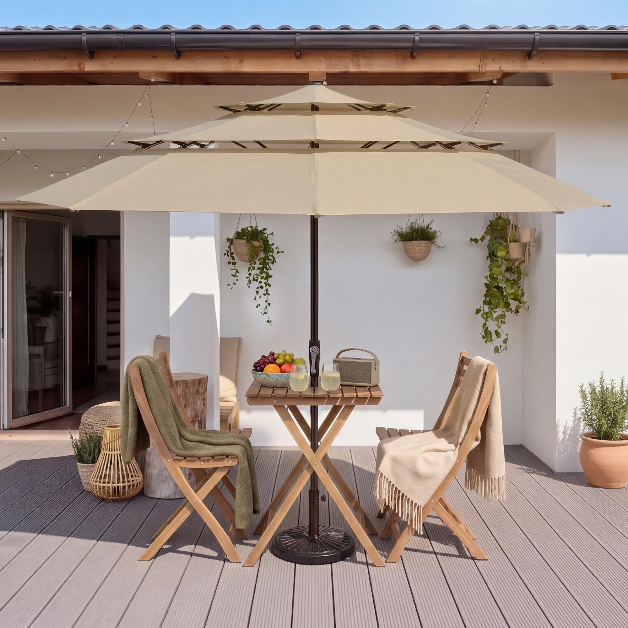 LUE BONA Ombrellone da Giardino 300 cm a 3 Livelli, Parasole Esterno con Inclinazione Regolabile e 8 Stecche in Vetroresina per Patio Piscina Terrazzo Mare