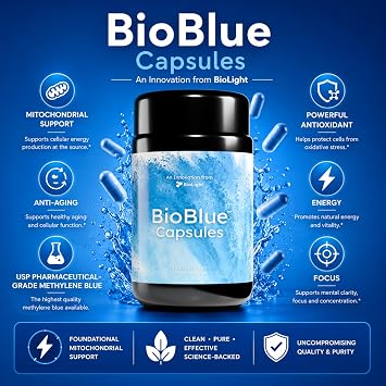 BIOLIGHT BioBlue Capsules USP-Grade Methylene Blue + Taurine | Supports Mitochondrial Energy, Brain Function & Longevity | Nootropic | Redox Supplement | USP-Grade | 120 Count, 1-Month Supply