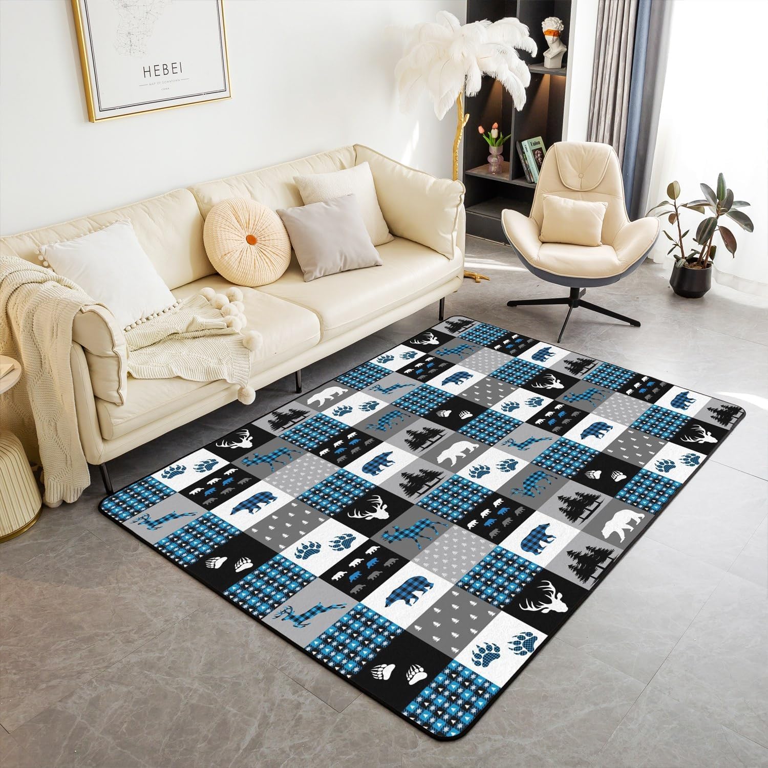 Tapis sécurité enfants antidérapant motif cerf ours lavable pour chambre et salon