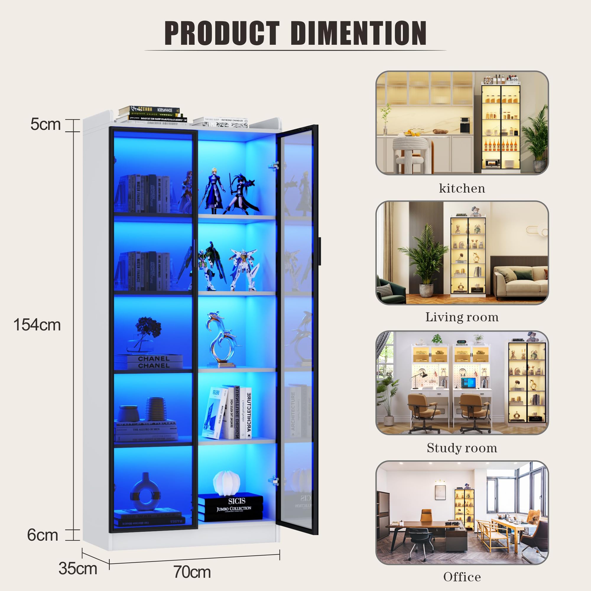 FREDEES Vitrine mit LED-Beleuchtung & Bewegungssensor, Weiß | 5 Ebenen, Verstellbare Einlegeböden, Für Figuren & Sammlerstücke, Wohnzimmer & Büro