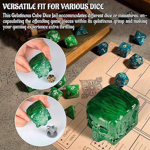Miniatura 5 de Cárcel de dados de cubo gelatinoso de calavera  Soporte de dados de resina translúcida y jaula  Accesorios y regalos perfectos para jugadores de rol