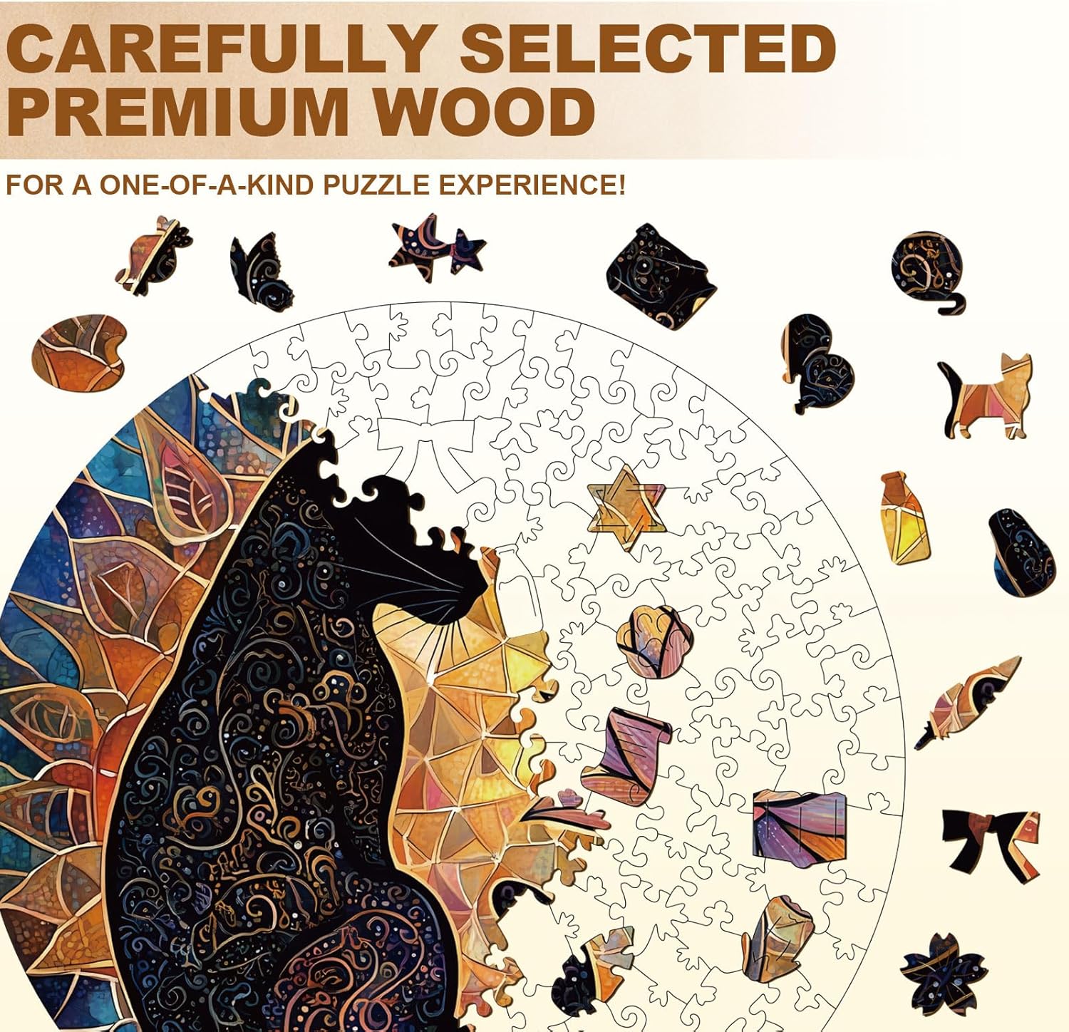 Wooden Puzzle for Adults, Wooden Lotus Black Cat Puzzle, Wood Puzzles Adult, Birthday for Women Men, Family Puzzle Game (L - 13.4 × 13.4 in - 280 pcs)