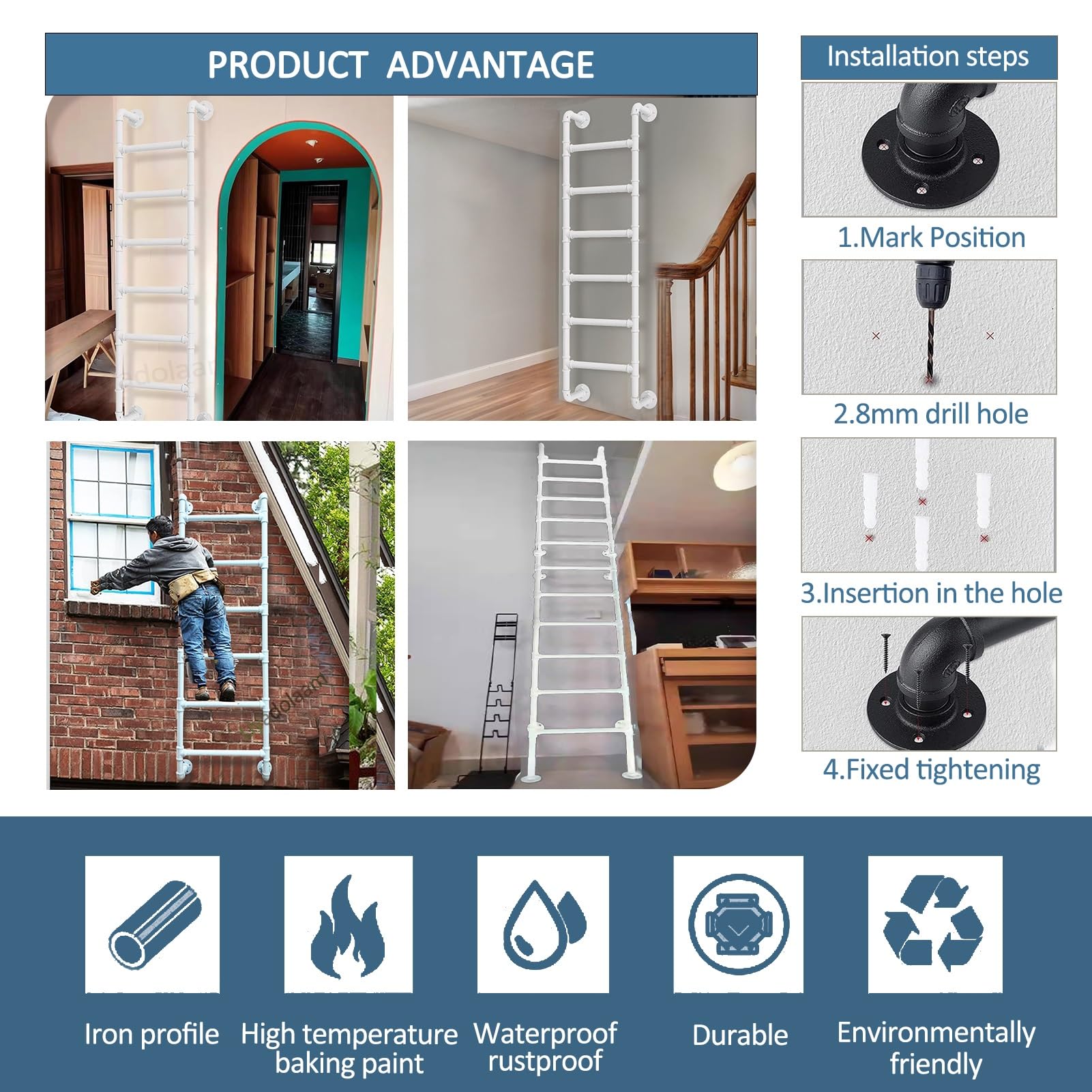 Escalera de Emergencia de Hierro Forjado Resistente para Ventana, Color Blanco, para literas, de 45 a 70 Pulgadas, montada en la Pared.