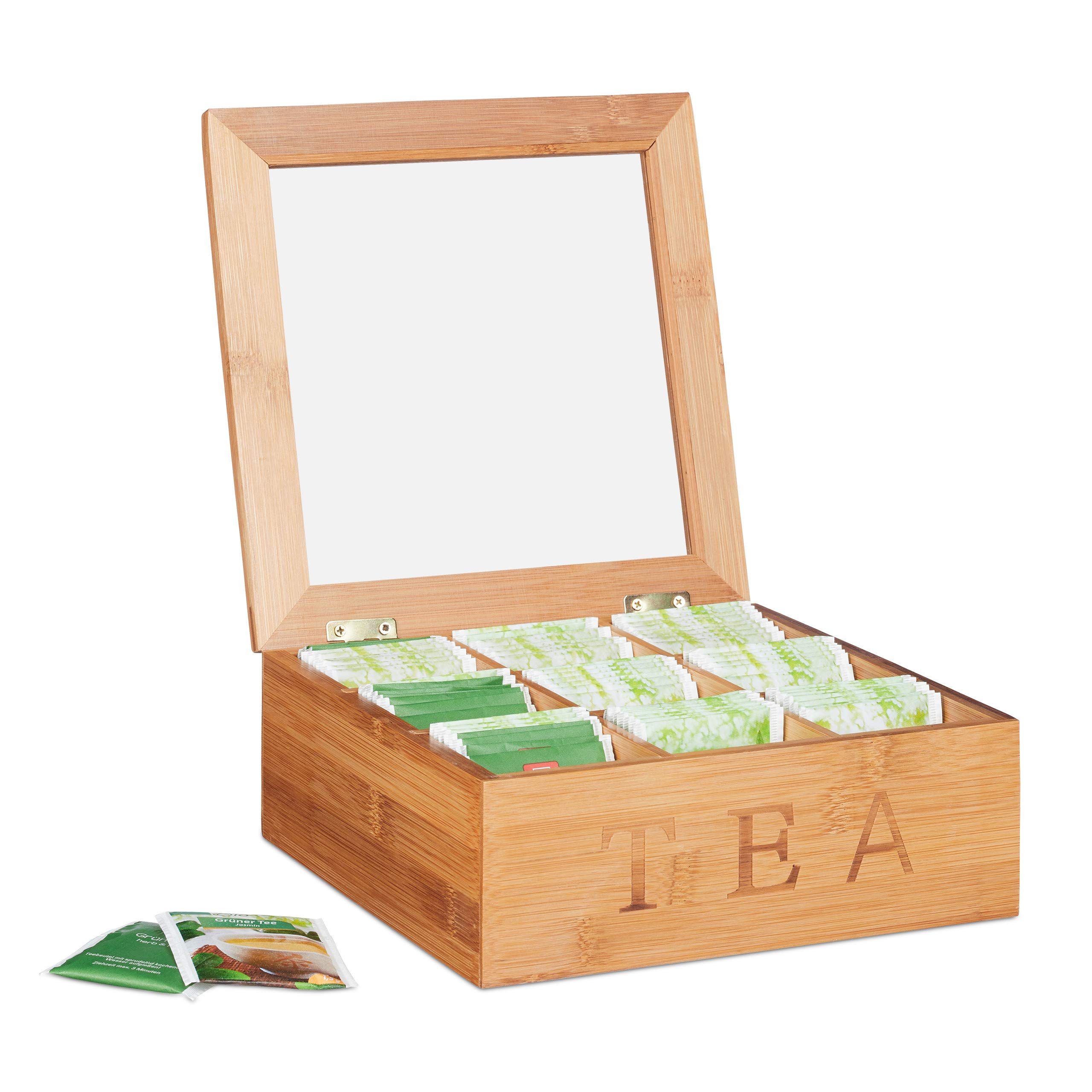 Relaxdays Bamboo Tea Box with 9 Compartments, Square Crate for Teabags, with Window, HWD: 8.5 x 22 x 22 cm, Natural