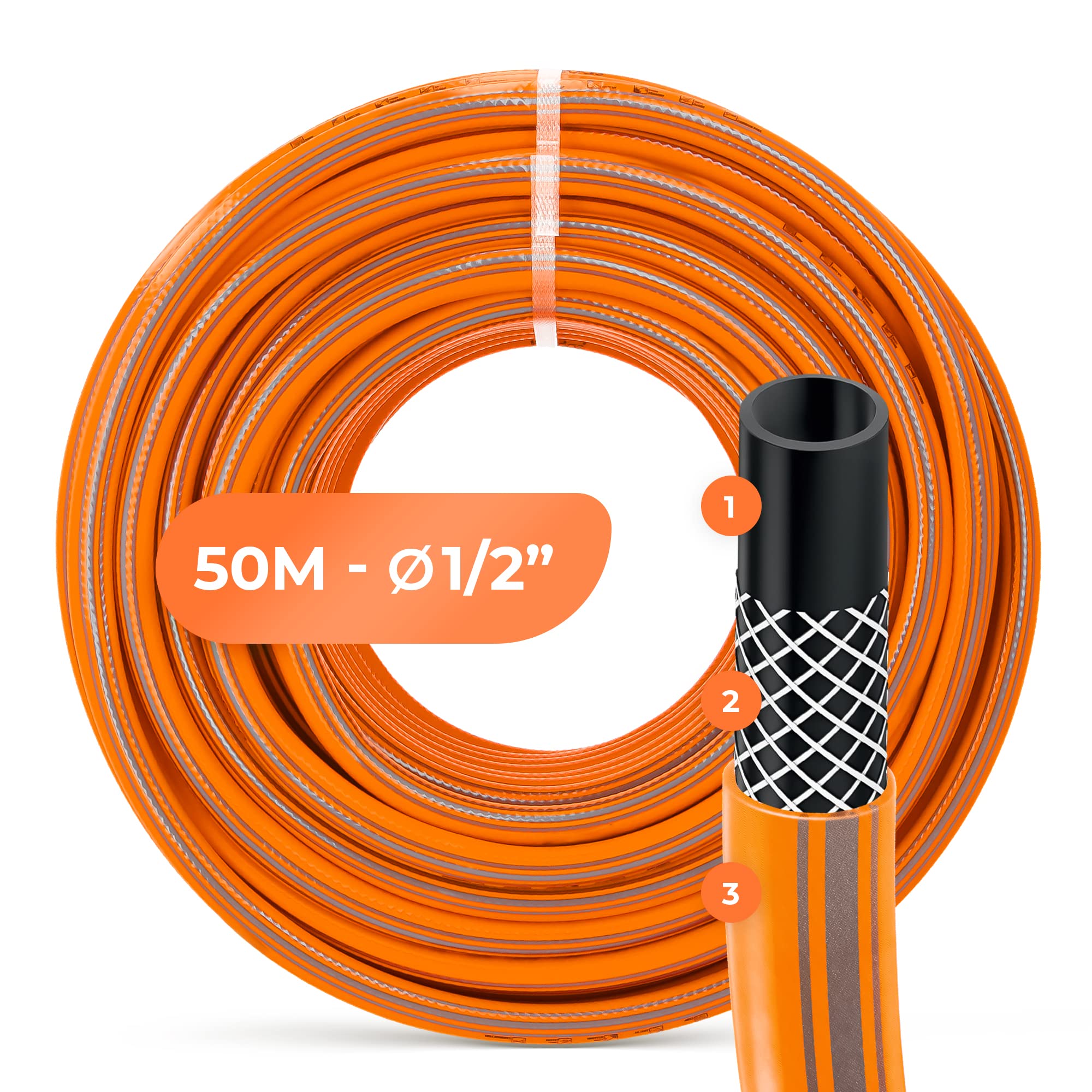 Gartenschlauch 1/2" 50 m Orange Verstärkt 3-lagig UV-Beständig Formstabiler Flexibler Gartenschlauch Bewässerung Gartenarbeit Autowäsch Panzerschlauch