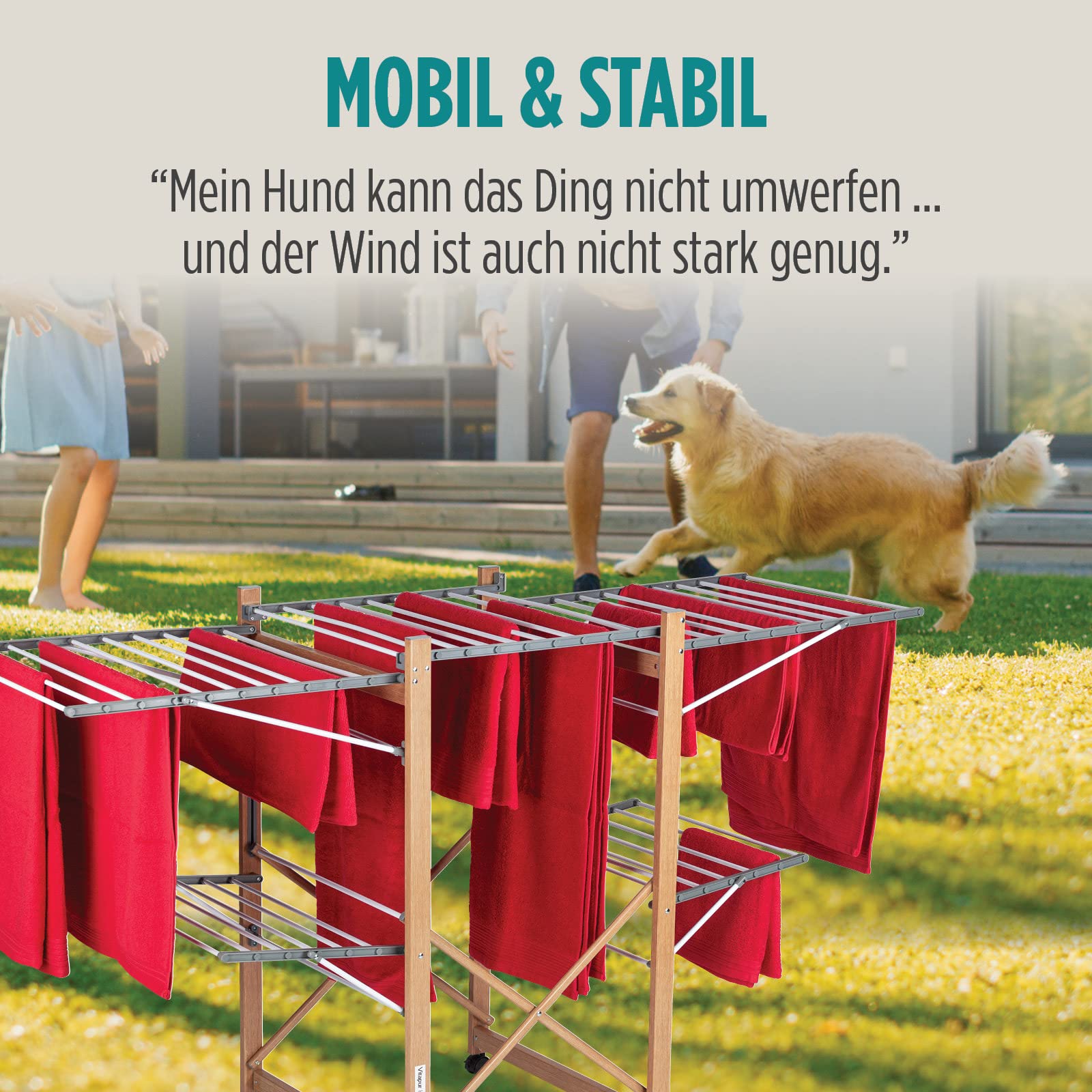 Vitapur House Care XXL Wäscheständer mit Rollen - 2 Ebenen Standtrockner 21m Trockenlänge - Klappbar 12cm Holzoptik - Mobile Flügelwäschetrockner Innen Außen - 25kg Belastbar 136x69cm Platzsparend