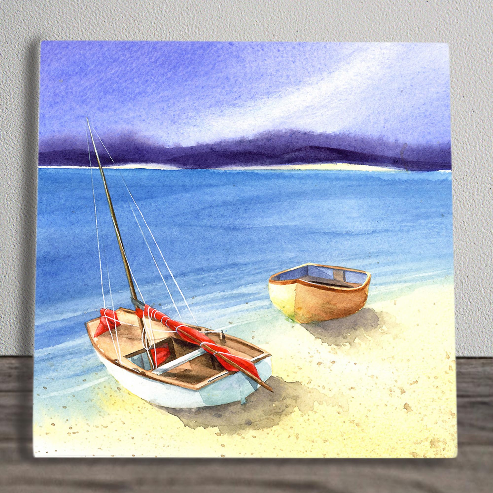Global Designs Multicoulors Boats On Beach Ceramic Tile Picture Nautical Plaque Sign Coastal Wall Art By P Stone 20X20cm