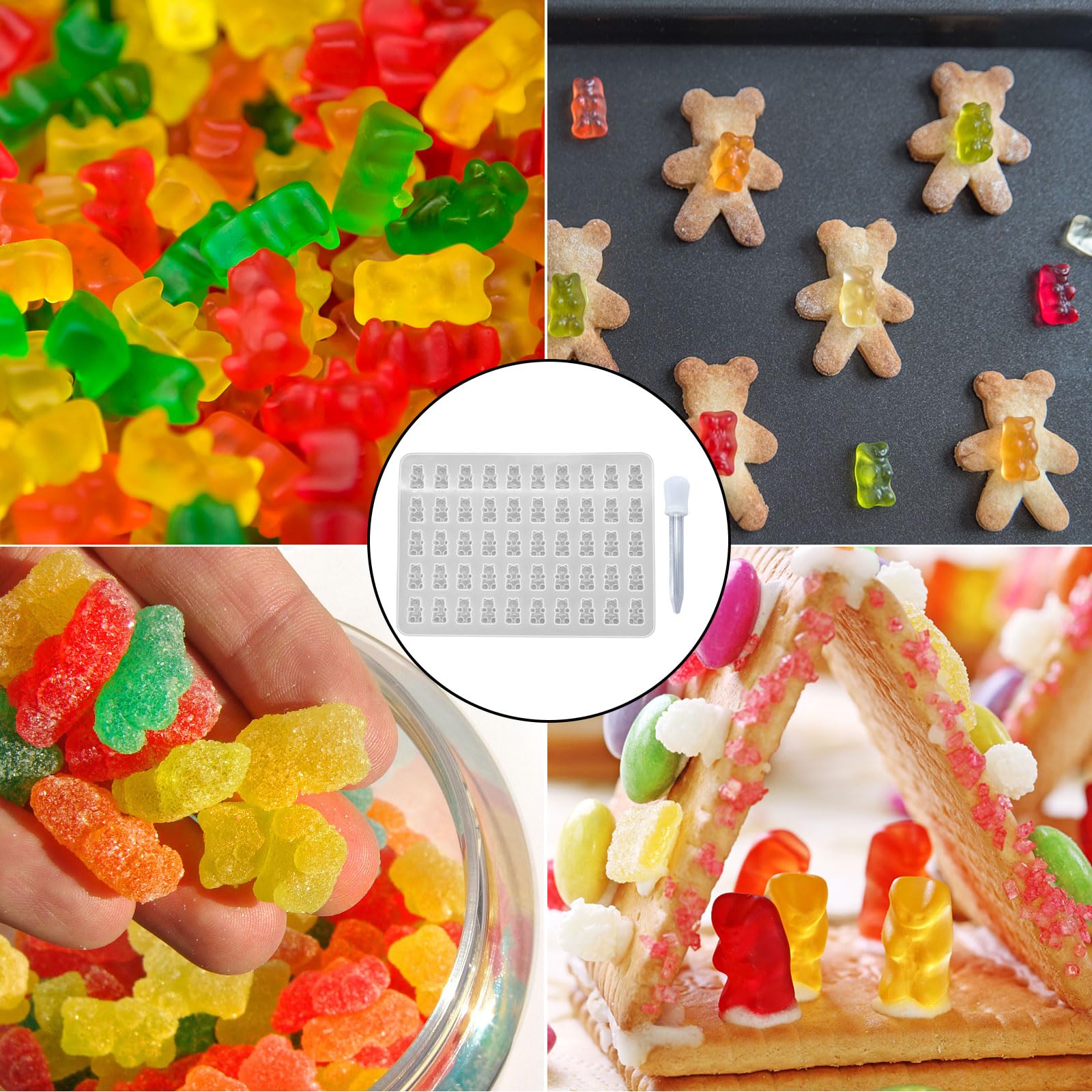 Set di 3 stampi in silicone a forma di orsetti gommosi, per cioccolatini, mini forma a forma di cuore in silicone, per stampi per cubetti di ghiaccio, gelatina con 3 pipette