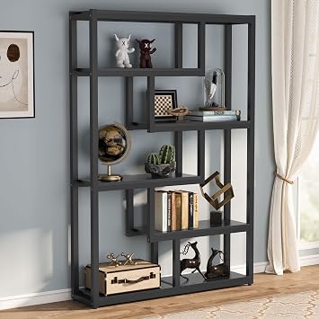 Tribesigns Way to Origin 6-Shelf Modern Bookshelf, Industrial Etagere Bookcase, 69 Inch Tall Storage Display Staggered Shelves with Sturdy Metal Frame, Black