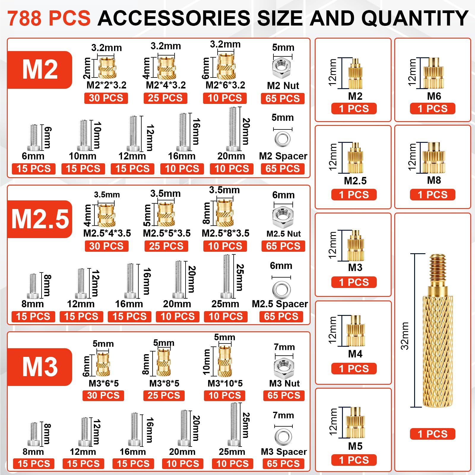 Zestaw 740 sztuk końcówek do lutowania ze śrubami, nakrętkami, M2, M2,5, M3, M4, M5, M6, M8