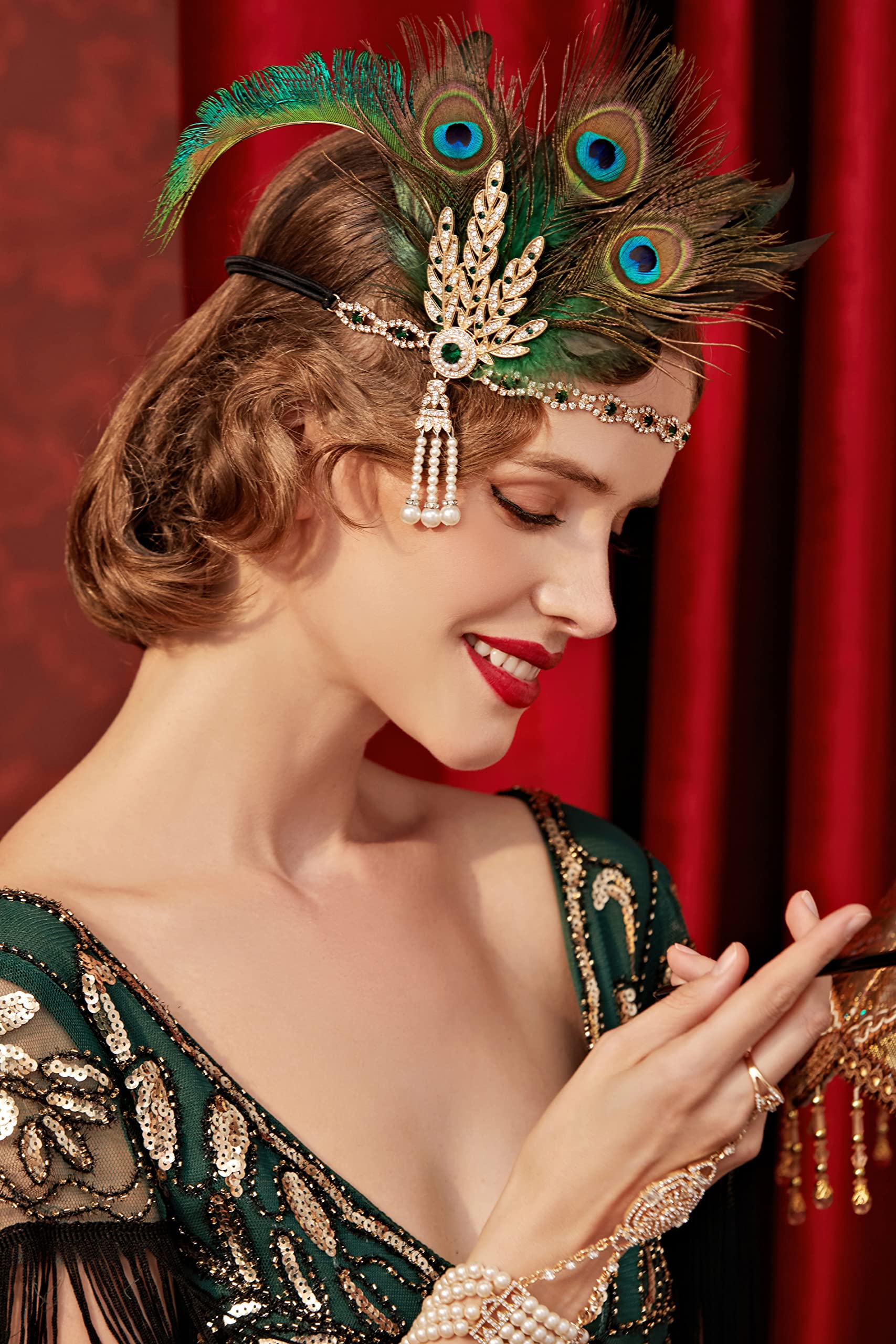 Flapper Feather Headband 1920s Gatsby Showgirl Hairpiece One Size 1920s Headpiece Flapper Headband - Roaring 20s Crystal  main image 3