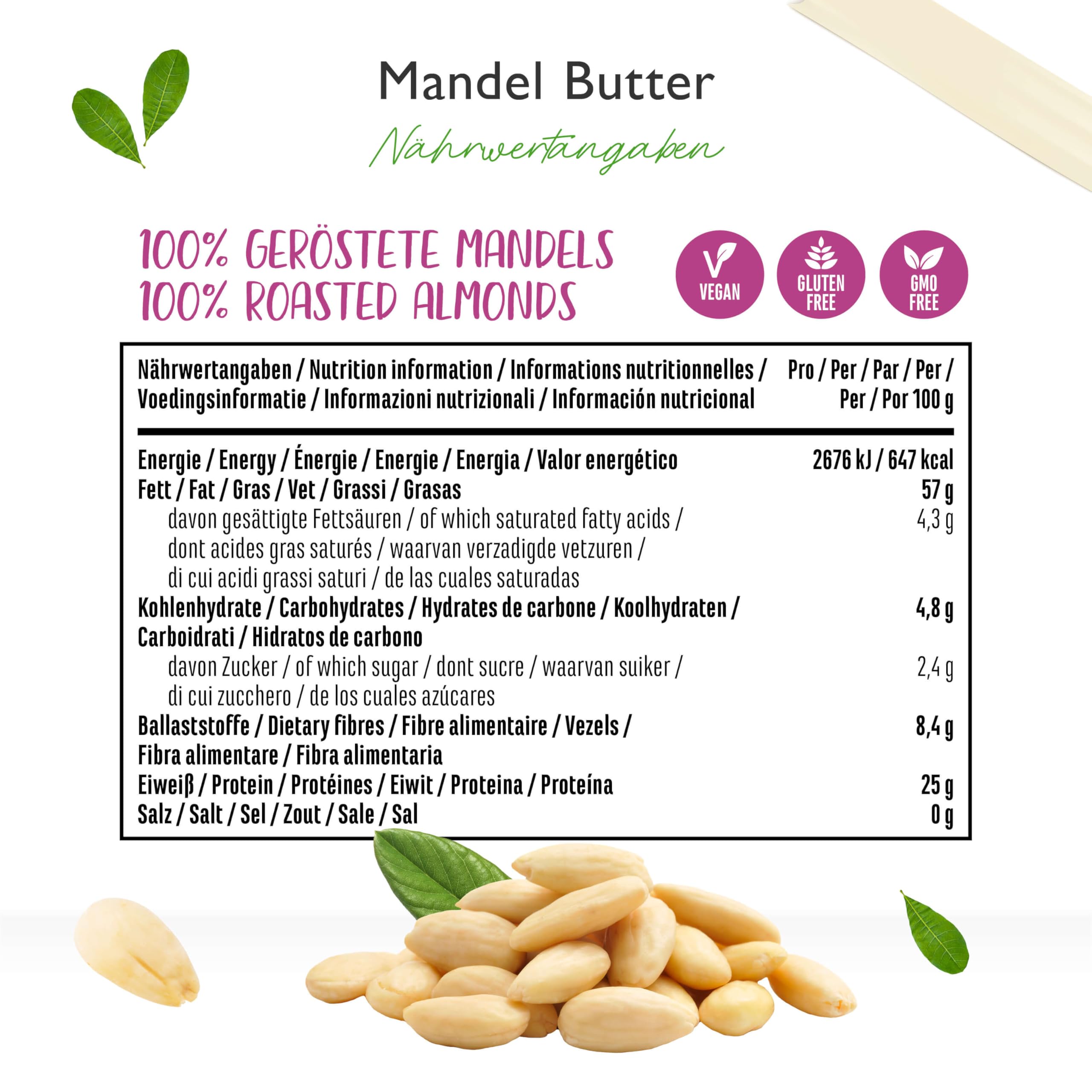 Mandelbutter Smooth - 1kg natürliche Mandel Butter ohne Zusätze aus 100% blanchierten Mandeln - High Protein - Cremiges Mandelmus ohne Zusätze von Salz, Öl oder Palmfett - Vegan | 25 % Protein, cremiges Mandelmus, ohne Salz, Öl & Palmöl, vegan & ohne Zusä