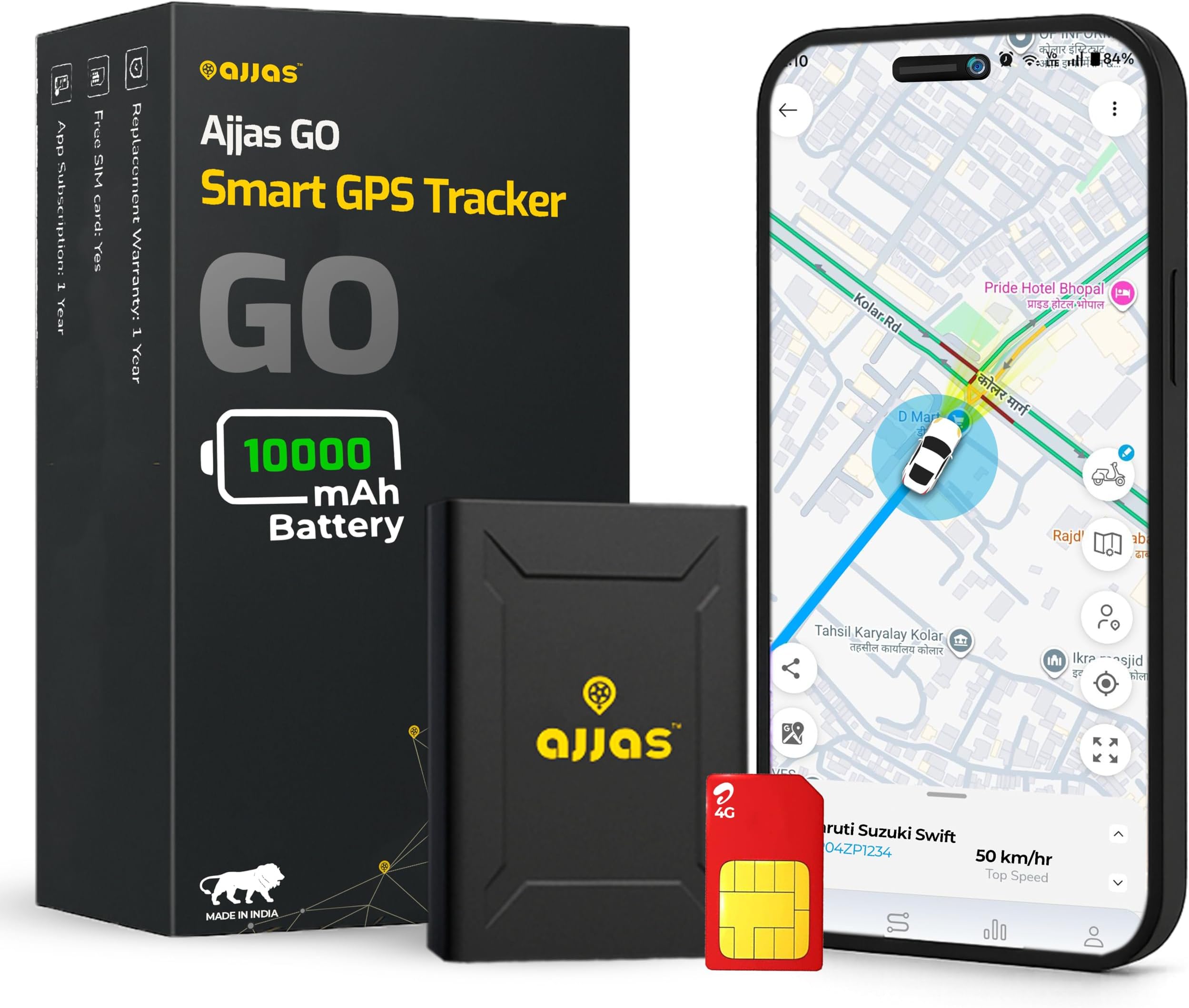 Ajjas GO (with 4G SIM) - Wireless GPS Tracker for Car, Family Vehicles, Scooty or Bag| 10000 mAH Battery | Mangetic Grip | Voice Monitoring with (1 Year Free App Platform)