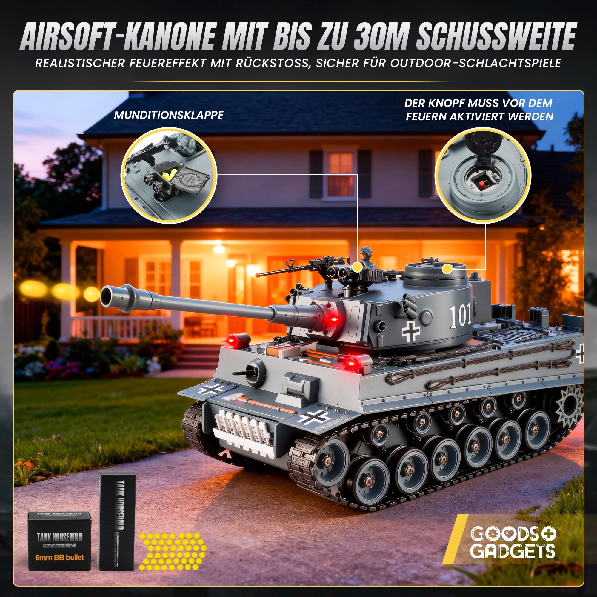 GOODS+GADGETS Ferngesteuerter RC German Tiger I 1:16 Modellbau Panzer 2.4GHz mit Schuss-Funktion, Sound - RTR (Tiger I)