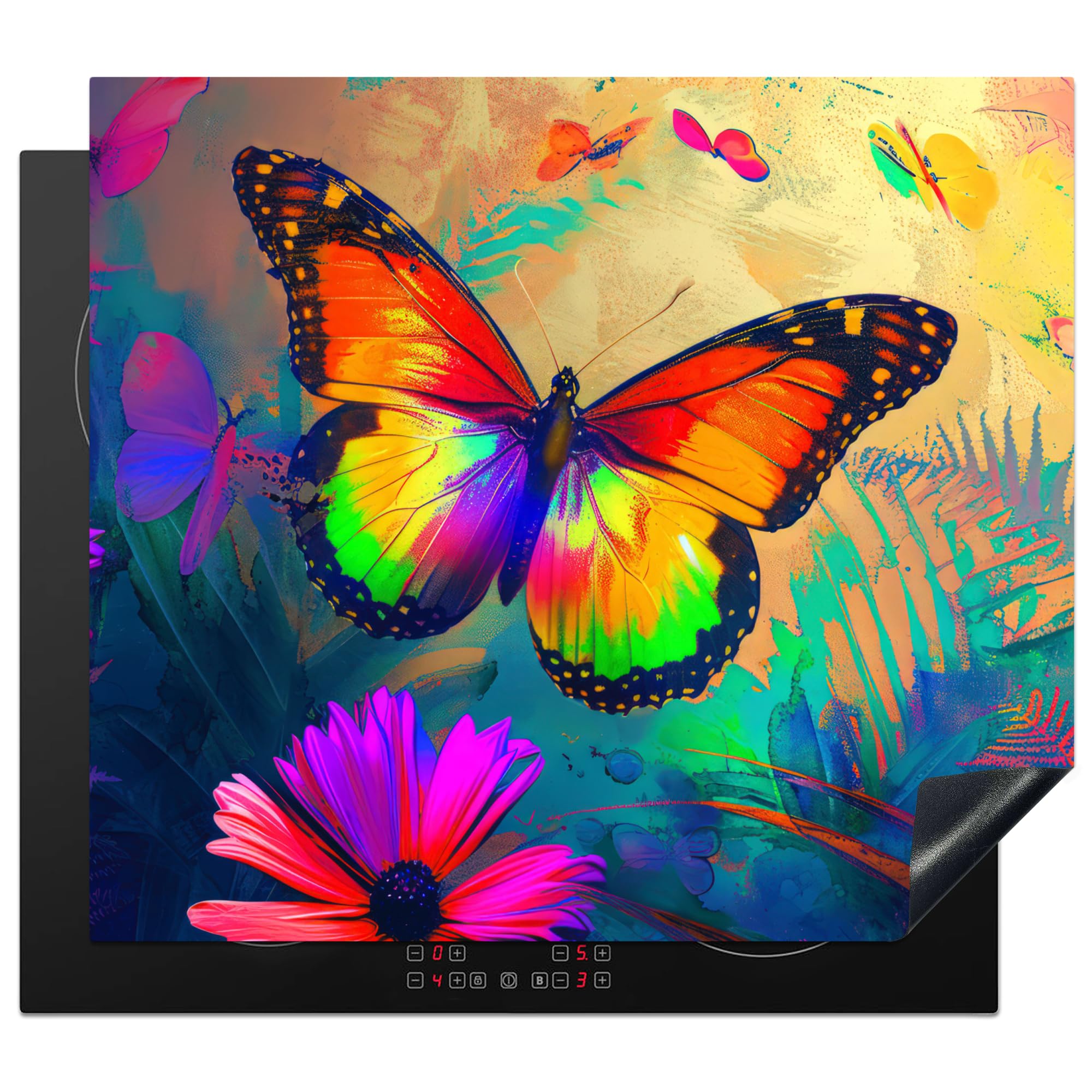 KitchenYeah© Induction Hob Protector Mat 20.5"x23.2" / 59x52 cm Stove Cap Top Cover Kitchen Cooker Covers for Electric Hobs Vinyl Butterfly - Plants - Colourful - Pink - Flowers — image 1