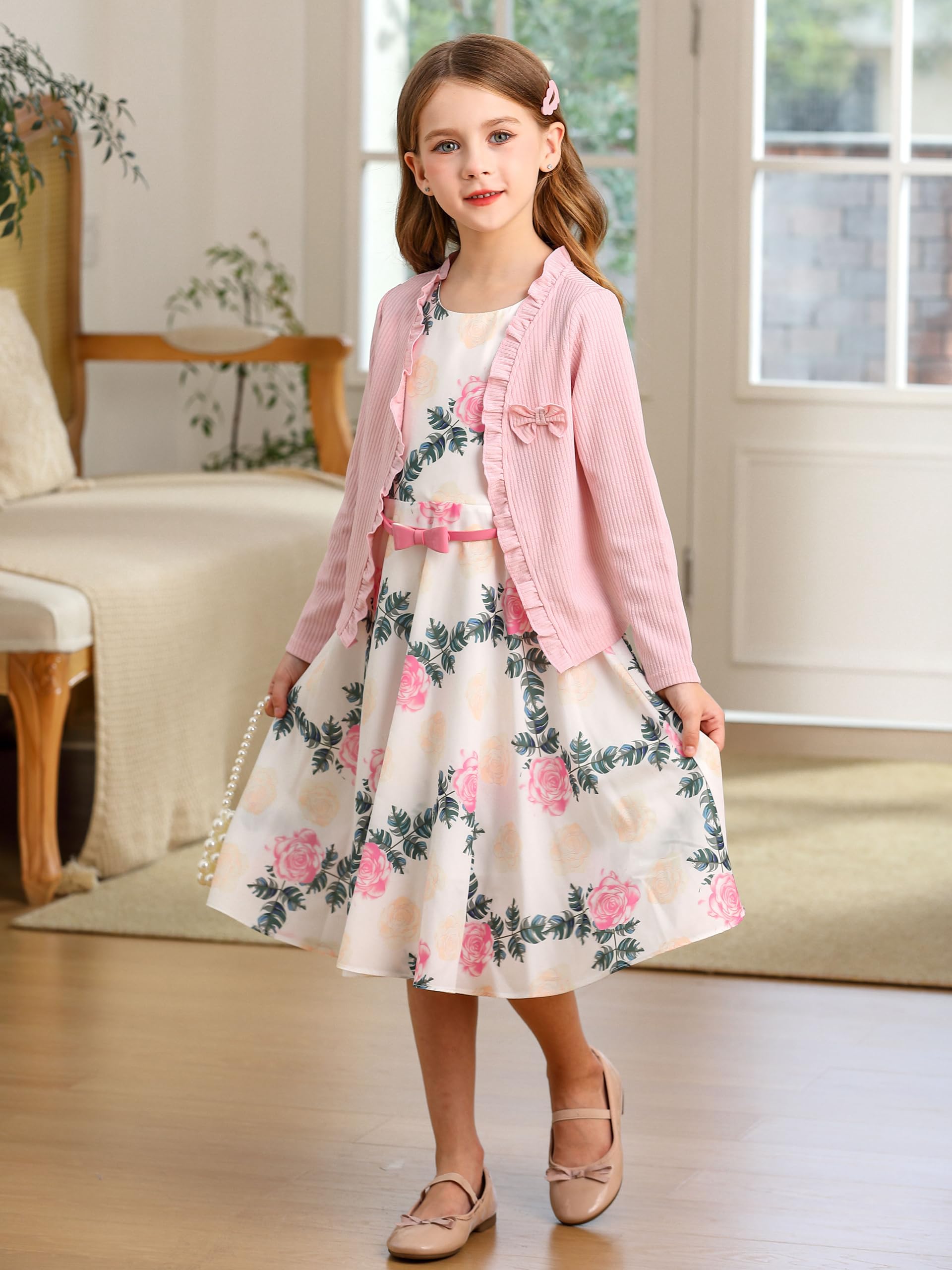 BONNY BILLY Vestido Niña Fiesta Boda Ceremonia Estampado Floral Vintage con Cinturón