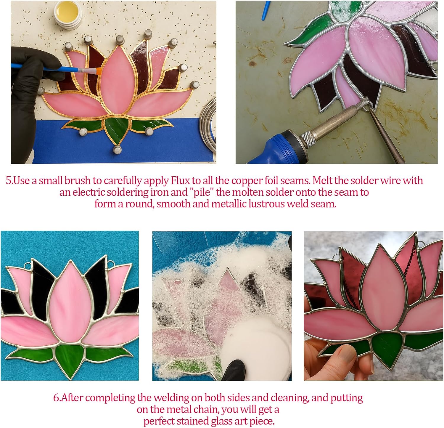 LemonRoad Unfinished Pre Cut Stained Glass for Adult Made Easy Stained Glass Craft with Solder Wire, Flux Brush for Home Birthday Party Decor(1 Set,Lotus Flower)