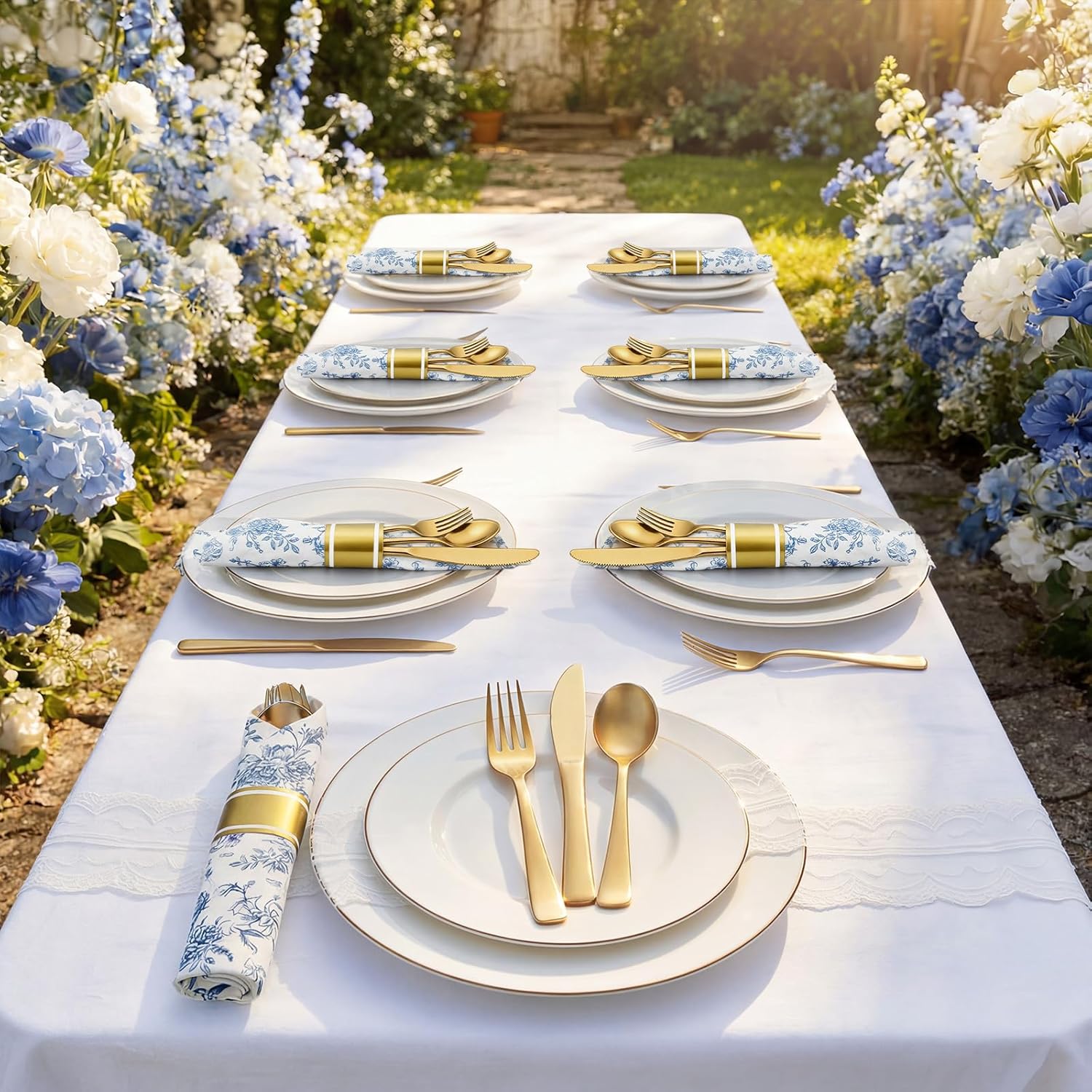 Meanplan 24 Set Blue and White Chinoiserie Flower Party Supplies Cutlery Blue Flower Pre Rolled Gold Plastic Silverware Set Spring Baby Shower Birthday Disposable Wrapped for Wedding Tea Party