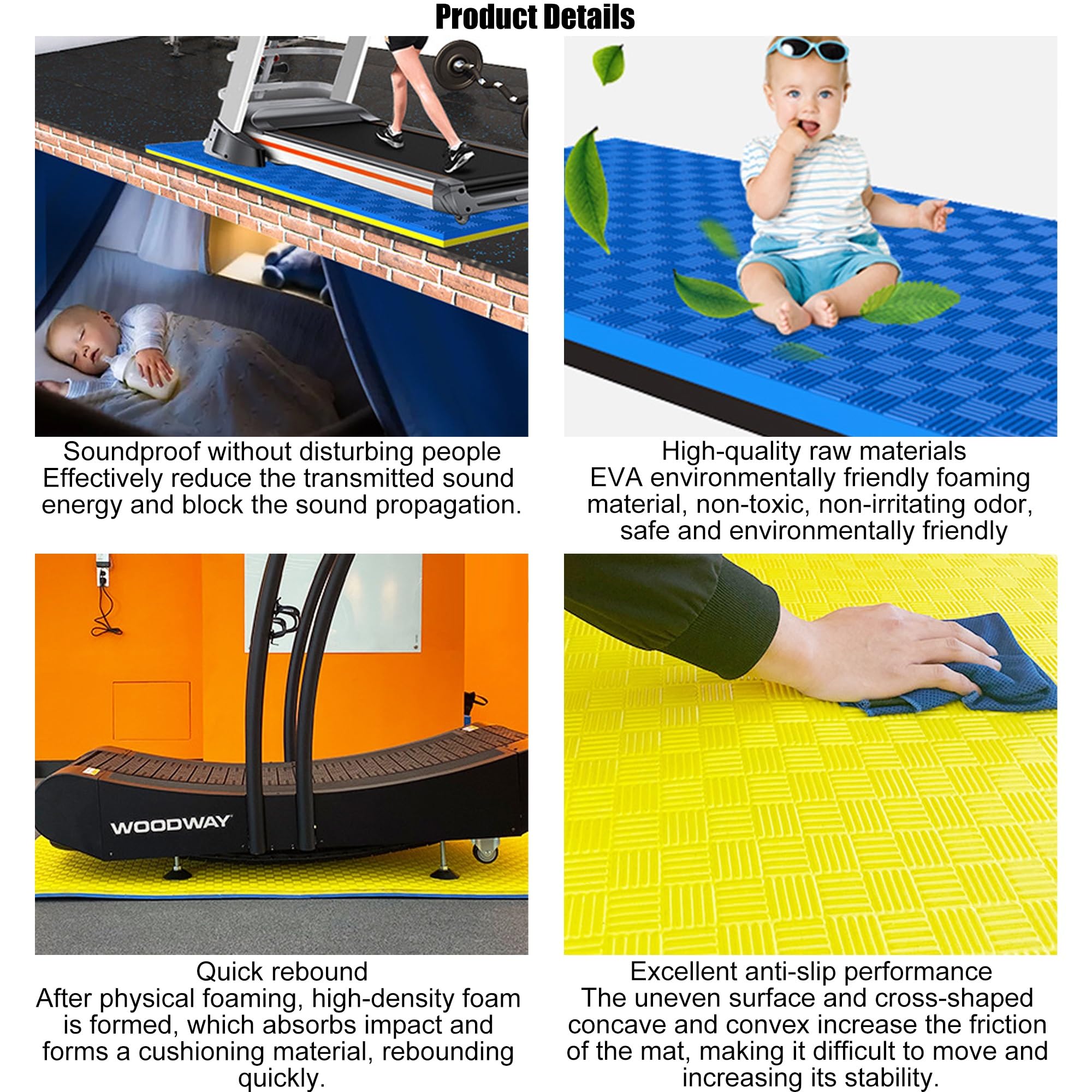 Alfombrilla para cinta de correr, Tapete para Equipo de Ejercicio, Tapete para Cinta De Correr Antideslizante, para cintas de correr, bicicletas, alfombrillas para remeros(Black+yellow,80x160x2